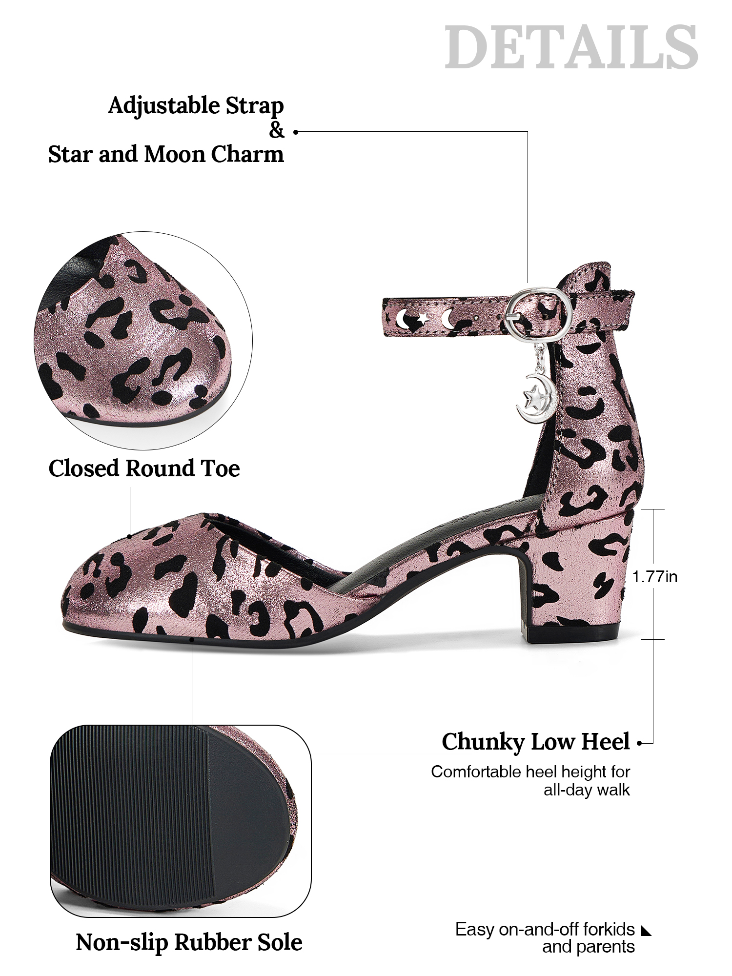 Girls Dress Shoes Ankle Strap Mary Jane Closed Round Toe Pumps Cute Pendant Block Chunky Heels Wedding Party School Birthday Shoes for Little Big Girl