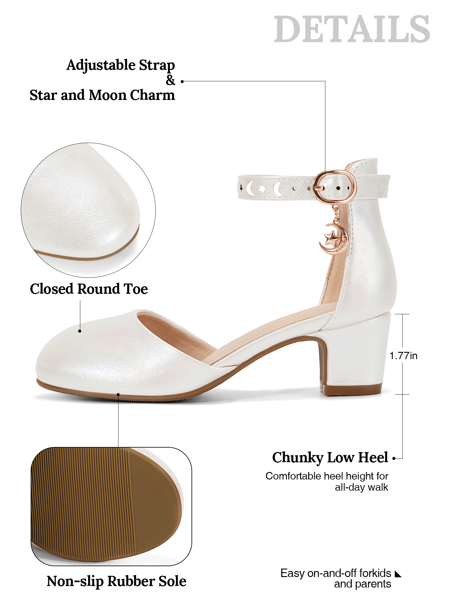 Girls Dress Shoes Ankle Strap Mary Jane Closed Round Toe Pumps Cute Pendant Block Chunky Heels Wedding Party School Birthday Shoes for Little Big Girl