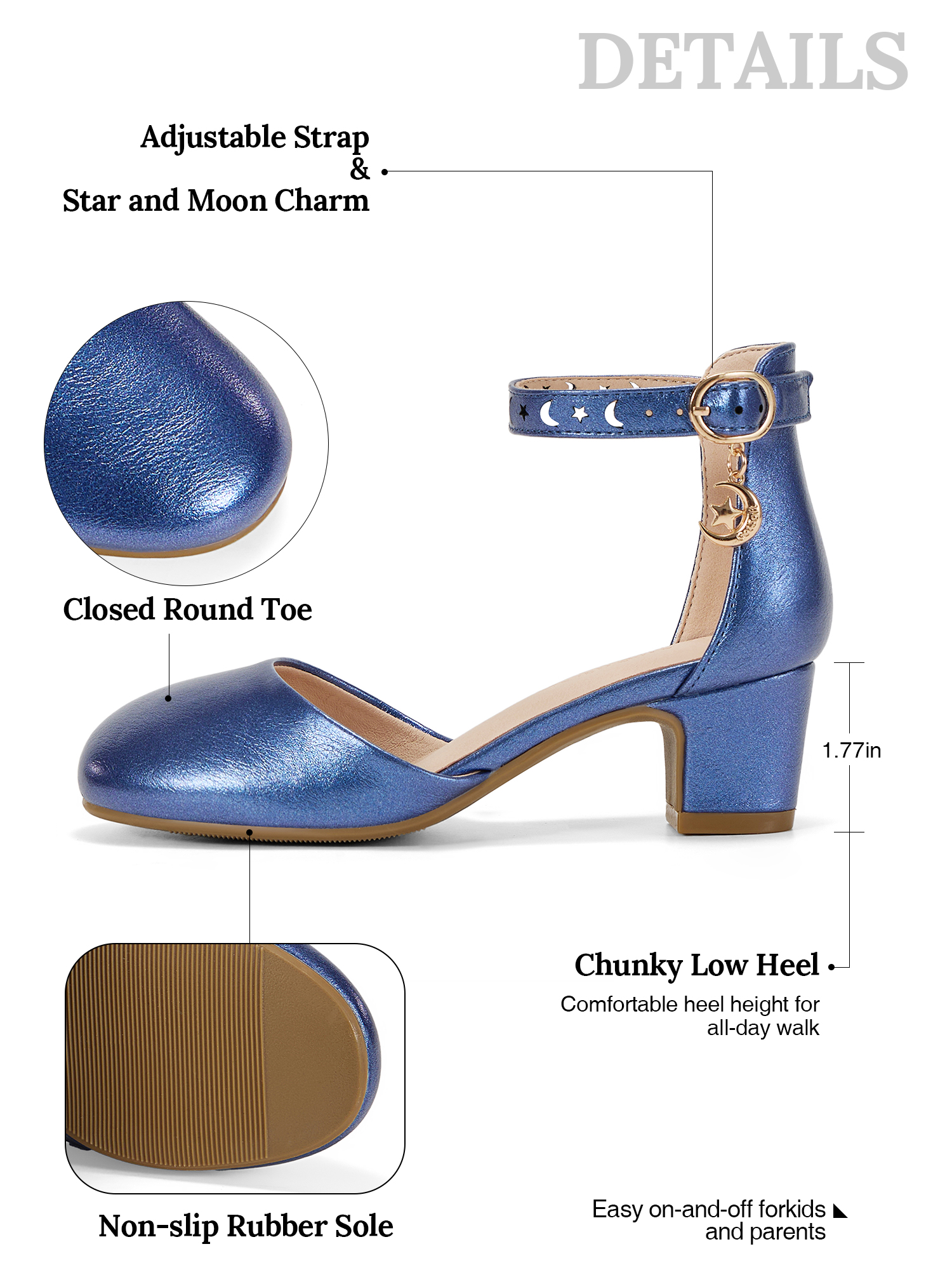 Girls Dress Shoes Ankle Strap Mary Jane Closed Round Toe Pumps Cute Pendant Block Chunky Heels Wedding Party School Birthday Shoes for Little Big Girl
