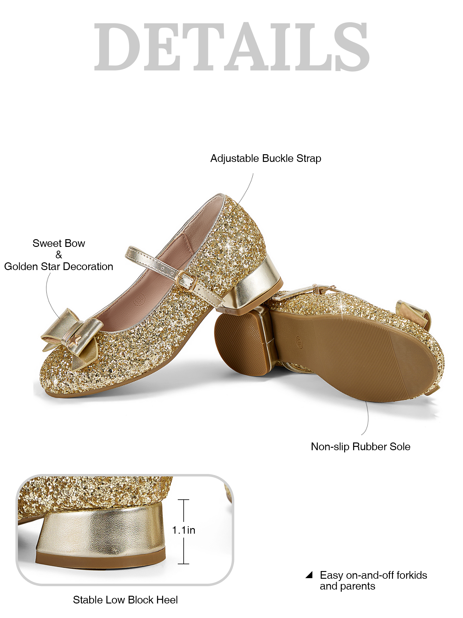 Girls Lambskin Insole Low Heels Mary Jane Ankle Strap Dress Shoes Dress Flats with Ankle Buckle, Bow with Star Detail, Fit Toddler, Little & Big Kid for Wedding, Party and School Daily Wear
