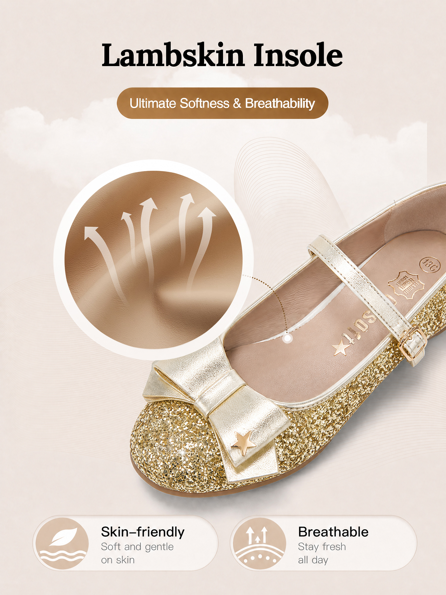 Girls Lambskin Insole Low Heels Mary Jane Ankle Strap Dress Shoes Dress Flats with Ankle Buckle, Bow with Star Detail, Fit Toddler, Little & Big Kid for Wedding, Party and School Daily Wear