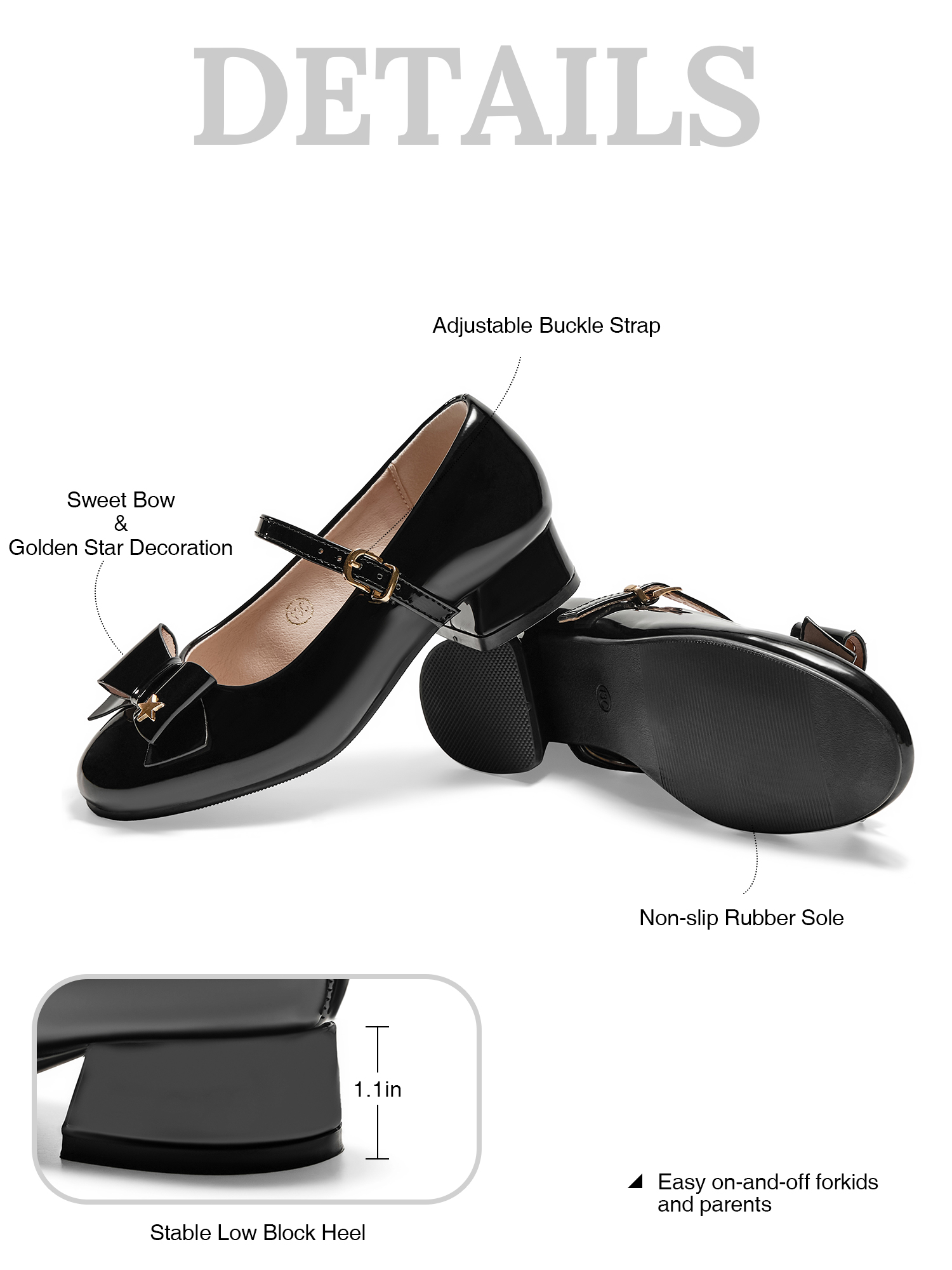 Girls Lambskin Insole Low Heels Mary Jane Ankle Strap Dress Shoes Dress Flats with Ankle Buckle, Bow with Star Detail, Fit Toddler, Little & Big Kid for Wedding, Party and School Daily Wear