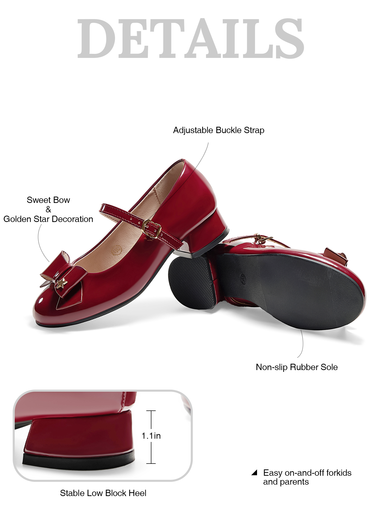 Girls Lambskin Insole Low Heels Mary Jane Ankle Strap Dress Shoes Dress Flats with Ankle Buckle, Bow with Star Detail, Fit Toddler, Little & Big Kid for Wedding, Party and School Daily Wear