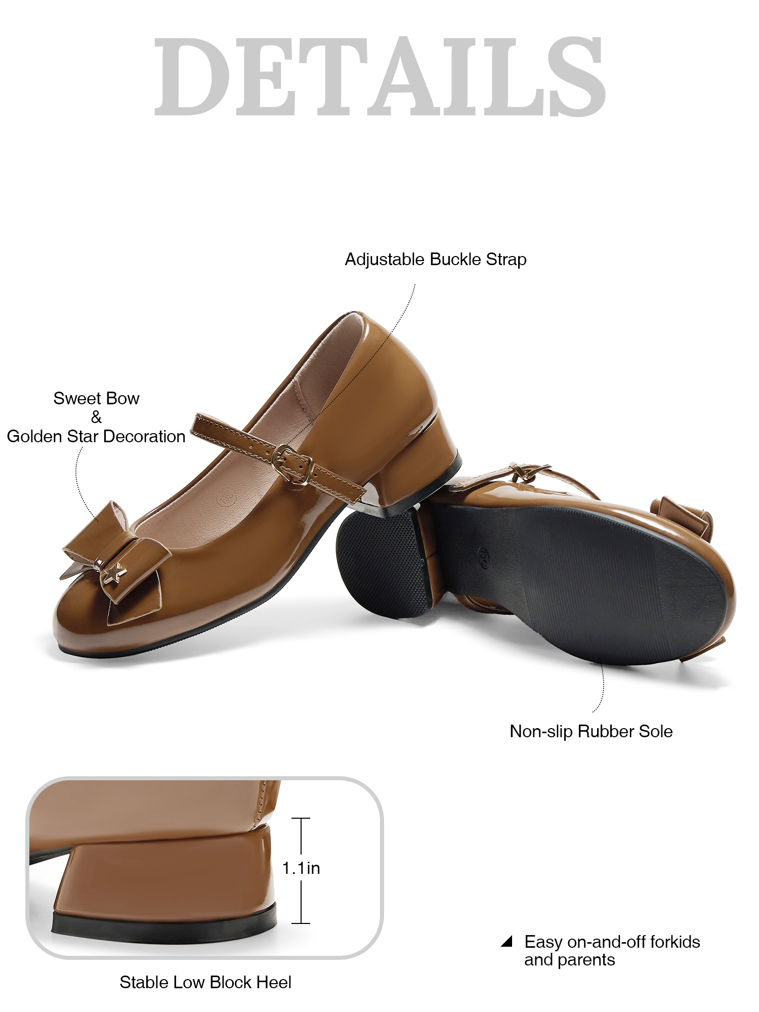 Girls Lambskin Insole Low Heels Mary Jane Ankle Strap Dress Shoes Dress Flats with Ankle Buckle, Bow with Star Detail, Fit Toddler, Little & Big Kid for Wedding, Party and School Daily Wear