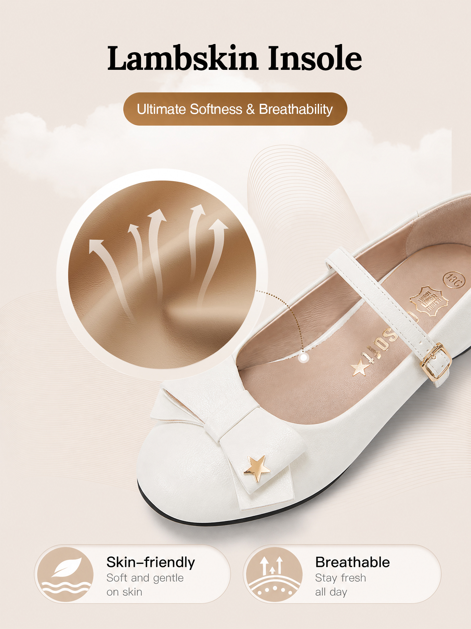 Girls Lambskin Insole Low Heels Mary Jane Ankle Strap Dress Shoes Dress Flats with Ankle Buckle, Bow with Star Detail, Fit Toddler, Little & Big Kid for Wedding, Party and School Daily Wear