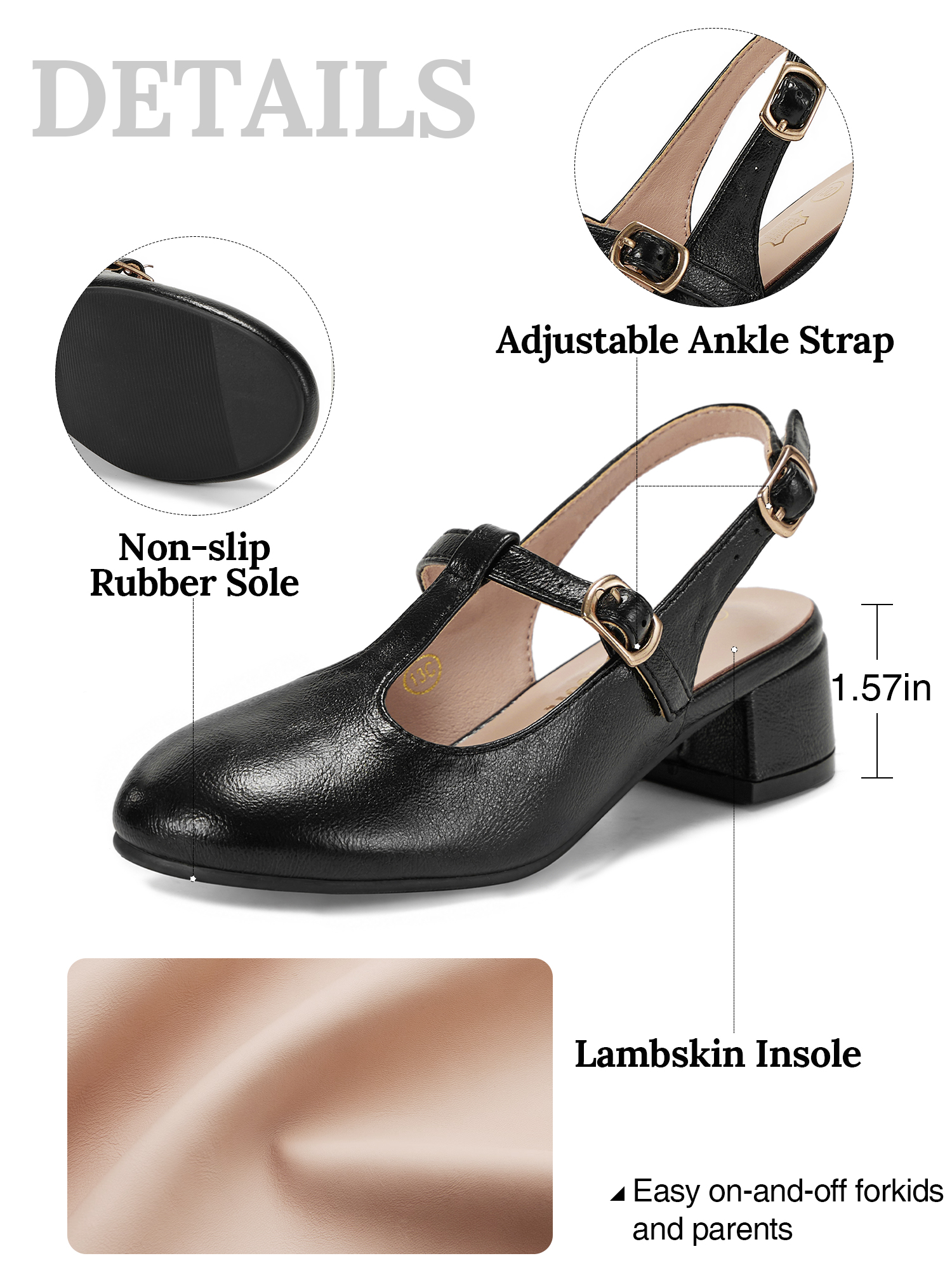 Girls Lambskin Insole Mary Jane Pumps T-Strap Slingback Shoes Cute Closed Toe Dress Shoes Low Block Heel Comfortable for Vacation Festival Party School and Daily Wear