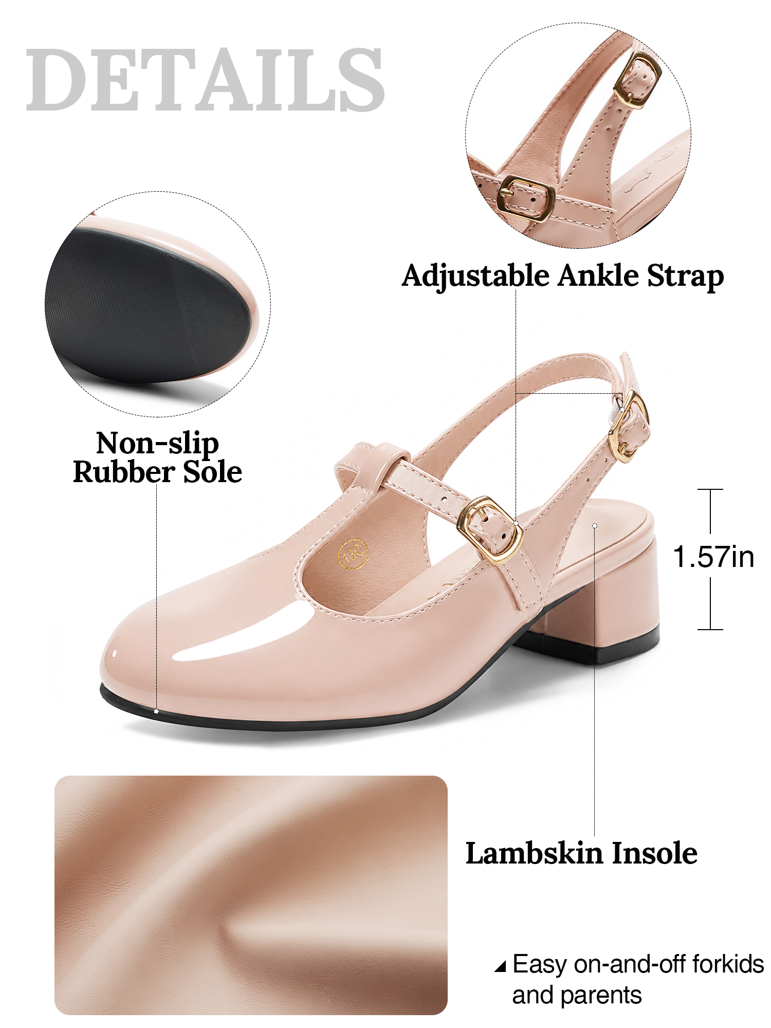 Girls Lambskin Insole Mary Jane Pumps T-Strap Slingback Shoes Cute Closed Toe Dress Shoes Low Block Heel Comfortable for Vacation Festival Party School and Daily Wear