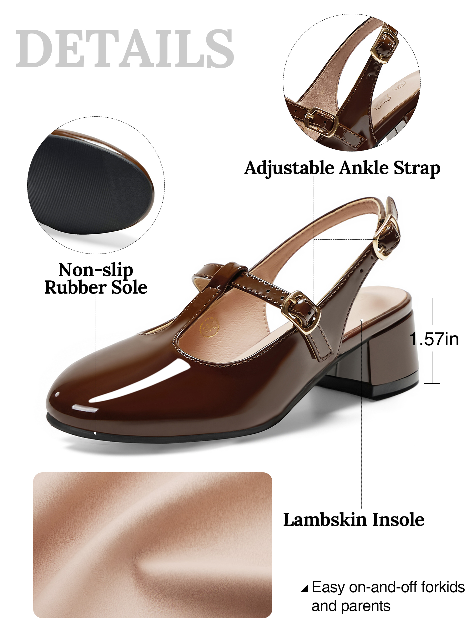 Girls Lambskin Insole Mary Jane Pumps T-Strap Slingback Shoes Cute Closed Toe Dress Shoes Low Block Heel Comfortable for Vacation Festival Party School and Daily Wear