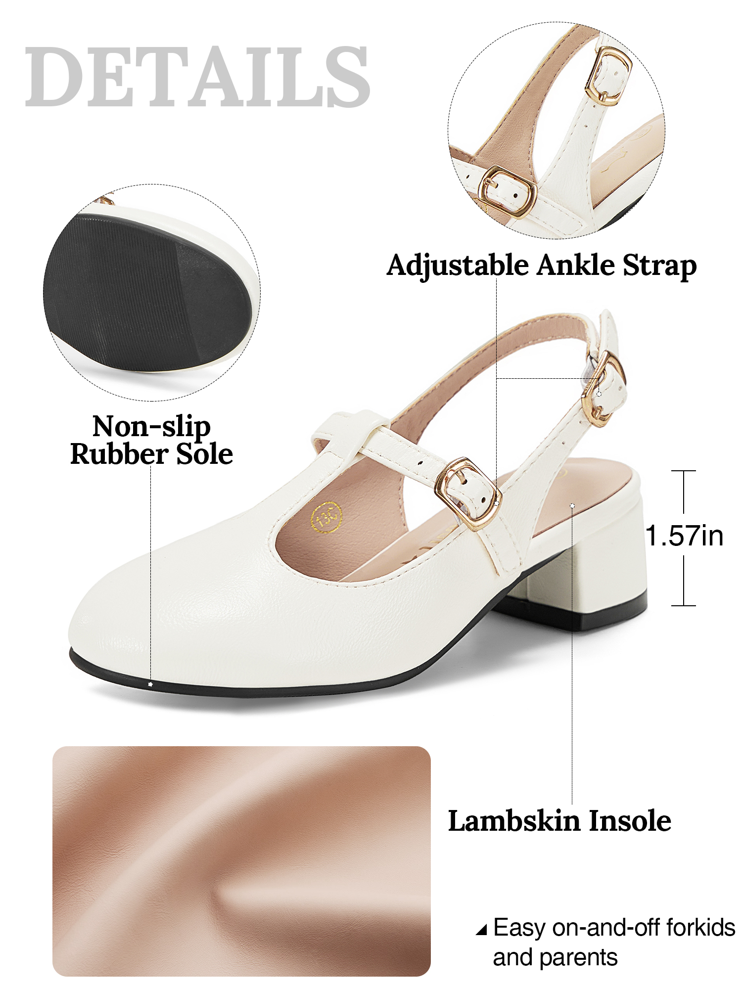 Girls Lambskin Insole Mary Jane Pumps T-Strap Slingback Shoes Cute Closed Toe Dress Shoes Low Block Heel Comfortable for Vacation Festival Party School and Daily Wear