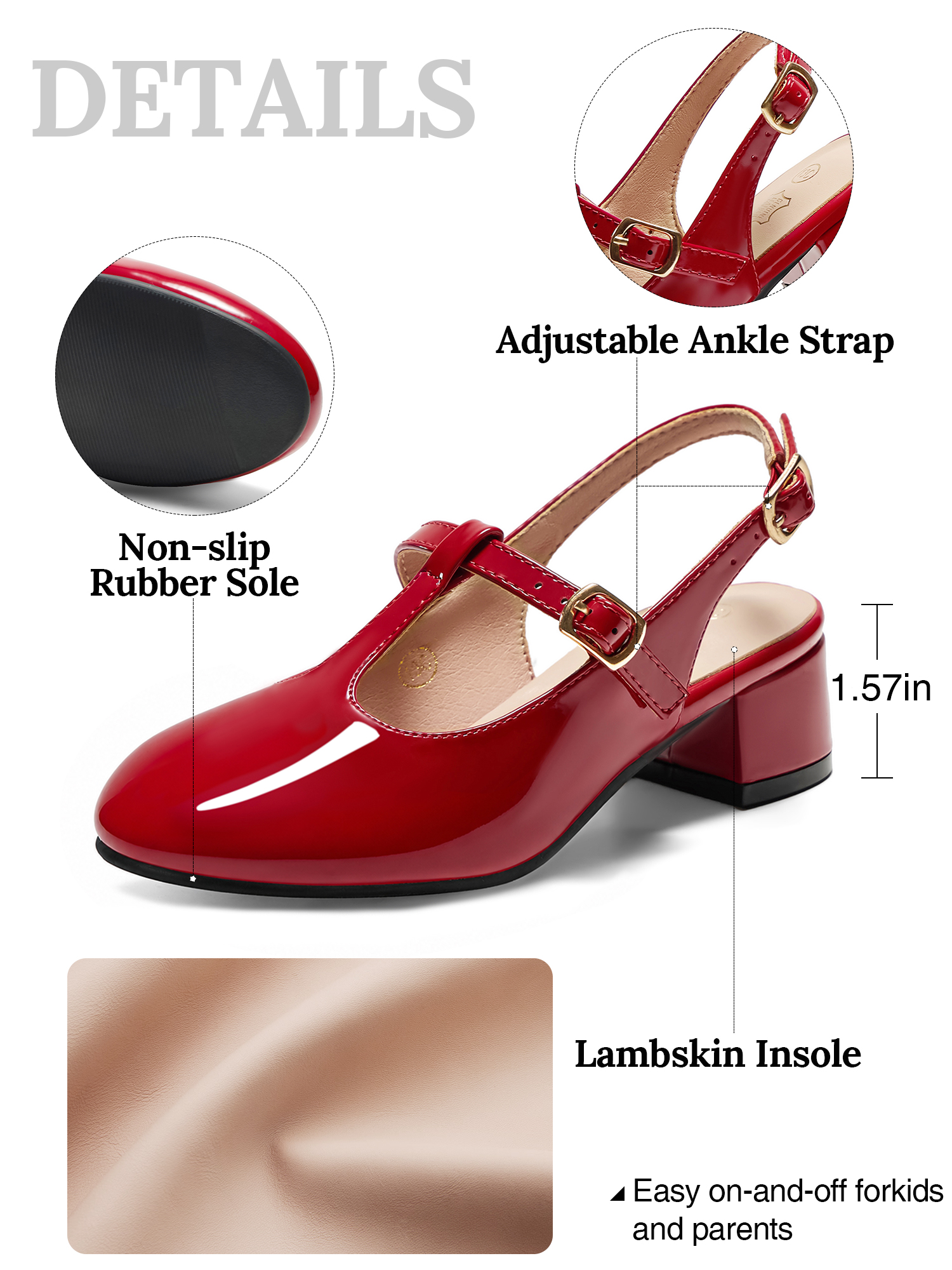 Girls Lambskin Insole Mary Jane Pumps T-Strap Slingback Shoes Cute Closed Toe Dress Shoes Low Block Heel Comfortable for Vacation Festival Party School and Daily Wear