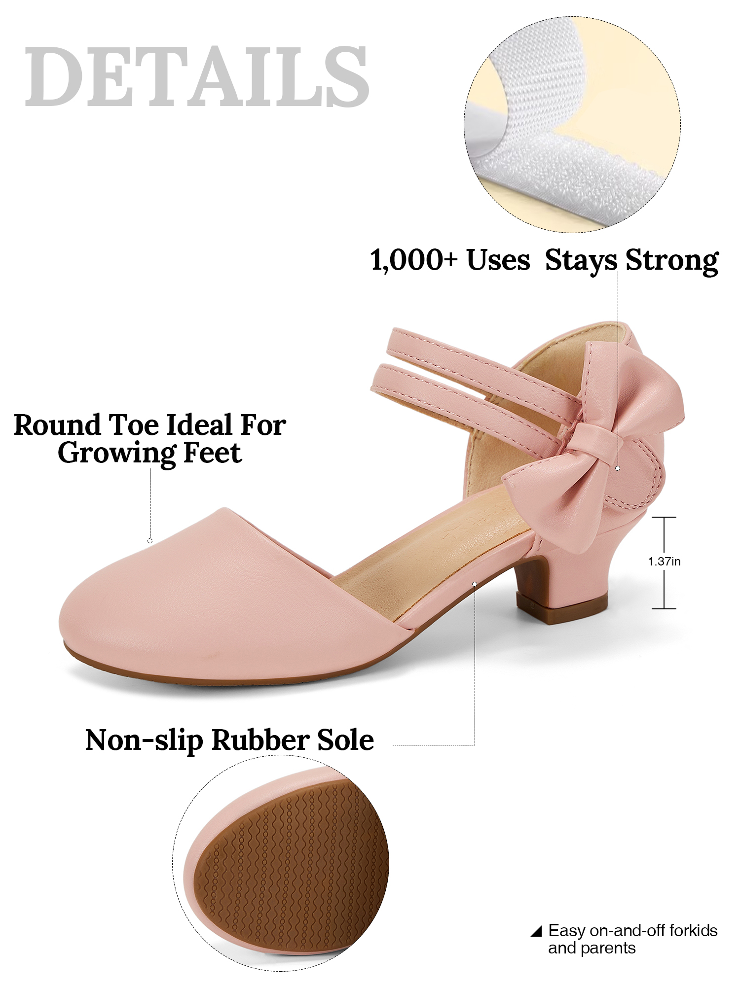 Girls Dress Shoes Bow Closed Toe Low Heels Wedding Pumps Shoes Ankle Strap Party Birthday Cute Pump Round Toe Chunky Heel Closed Toe Hook and Loop Shoes for Little Big Girls