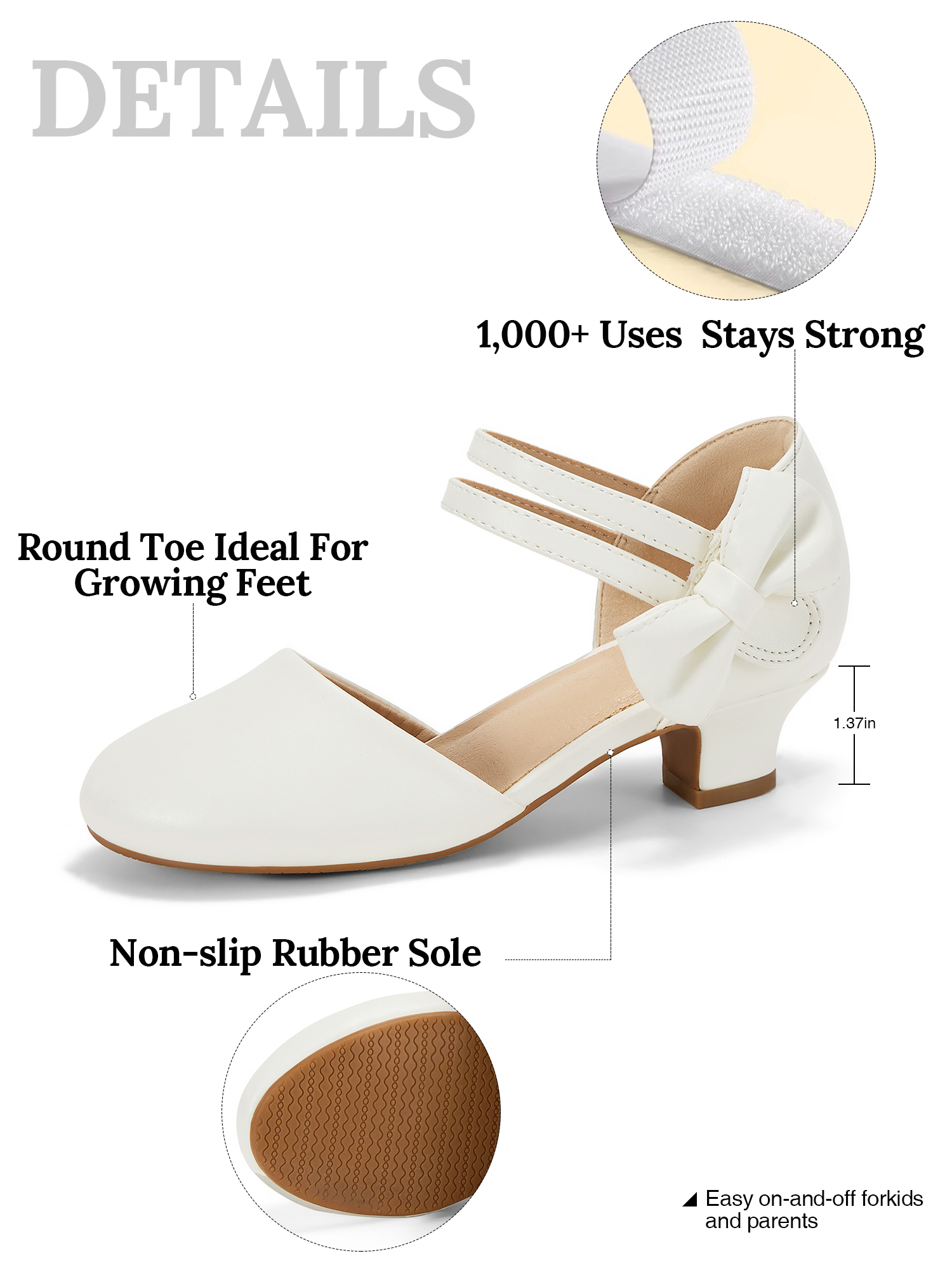 Girls Dress Shoes Bow Closed Toe Low Heels Wedding Pumps Shoes Ankle Strap Party Birthday Cute Pump Round Toe Chunky Heel Closed Toe Hook and Loop Shoes for Little Big Girls