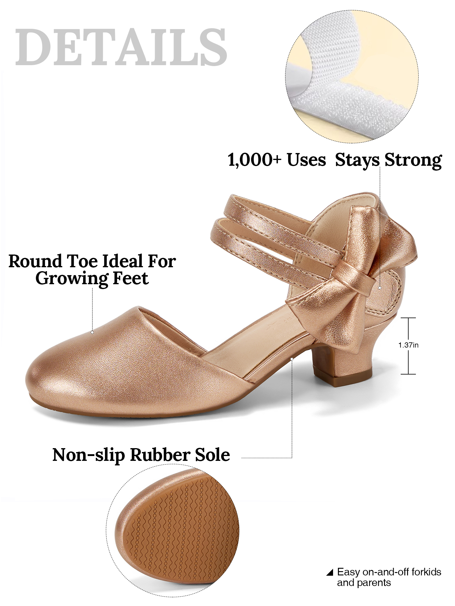 Girls Dress Shoes Bow Closed Toe Low Heels Wedding Pumps Shoes Ankle Strap Party Birthday Cute Pump Round Toe Chunky Heel Closed Toe Hook and Loop Shoes for Little Big Girls