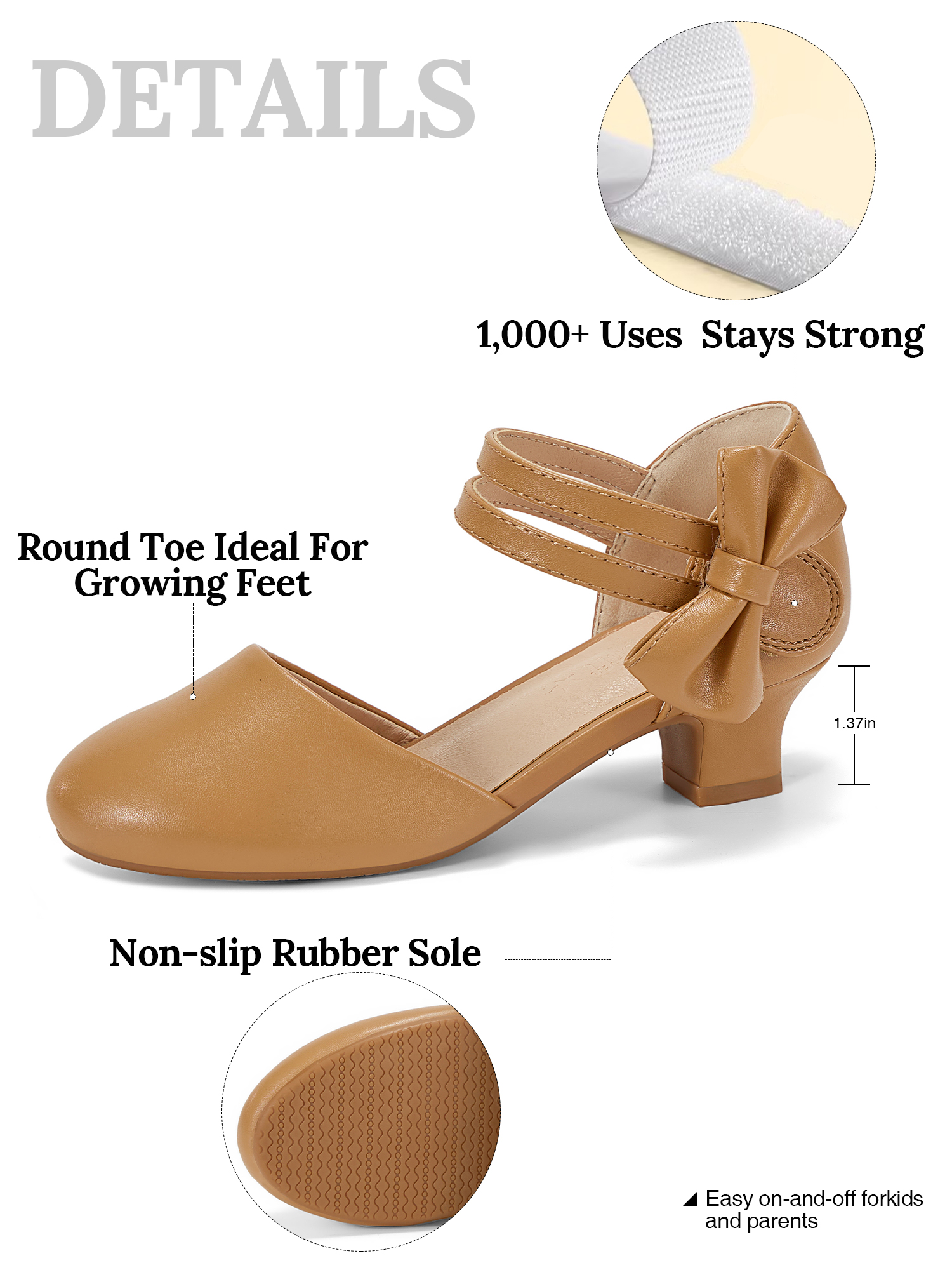 Girls Dress Shoes Bow Closed Toe Low Heels Wedding Pumps Shoes Ankle Strap Party Birthday Cute Pump Round Toe Chunky Heel Closed Toe Hook and Loop Shoes for Little Big Girls