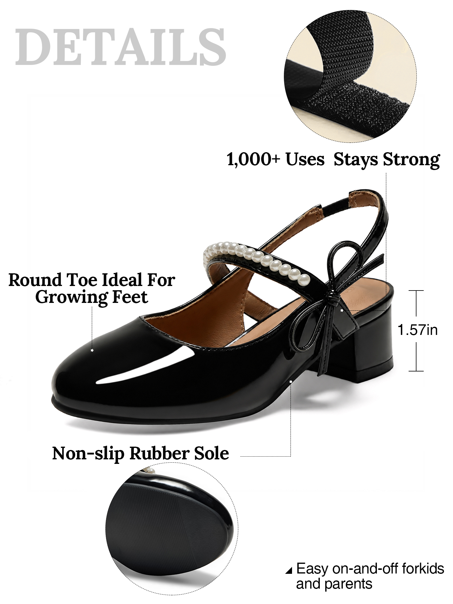 Girls Dress Shoes Low Heel Slingback Mary Jane Bow Pumps Adjustable Hook and Loop Back Strap Low Heel Shoes with Bow, for Wedding, Party, School, Toddler, Little & Big Kid Dress-up