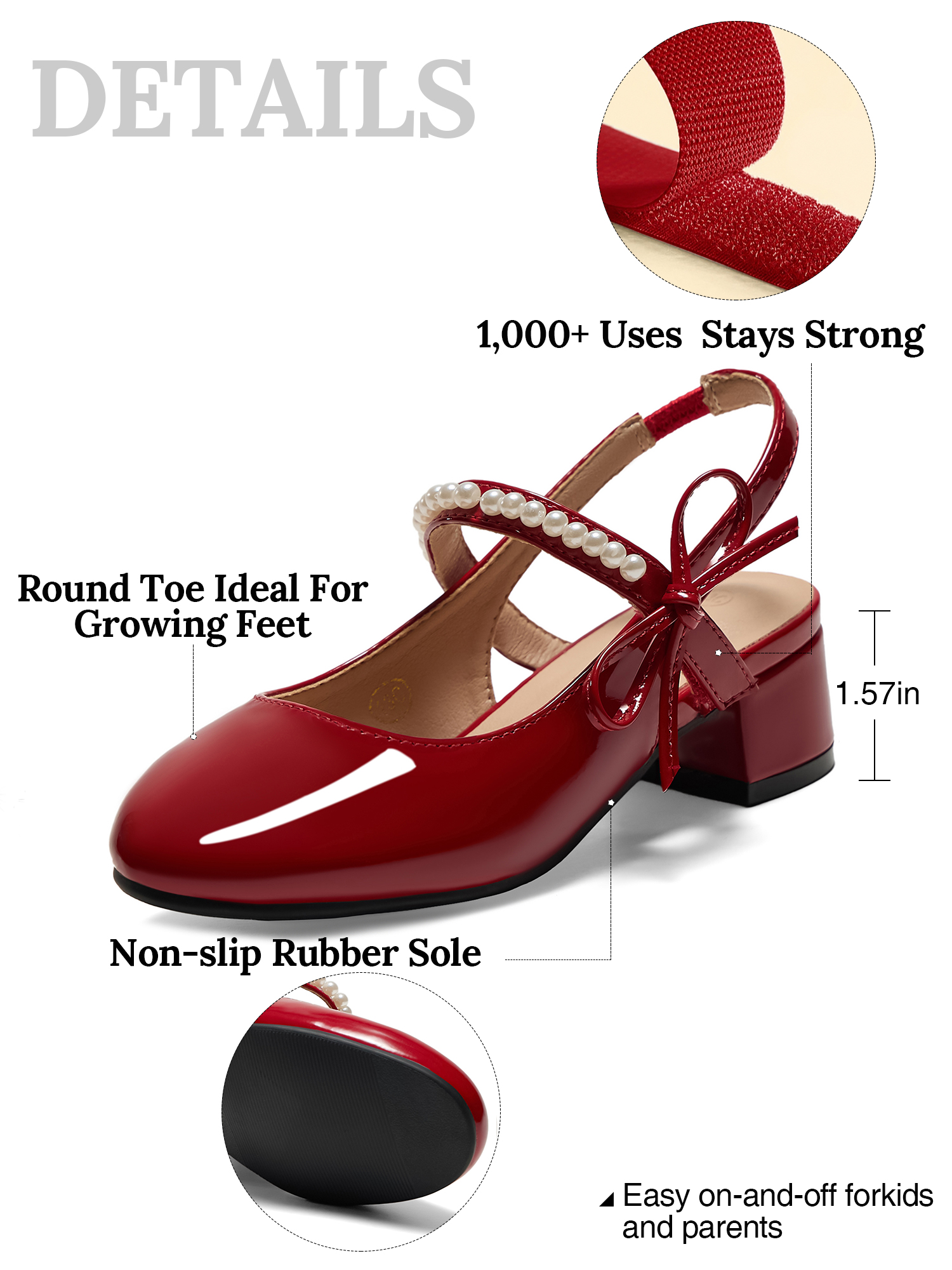 Girls Dress Shoes Low Heel Slingback Mary Jane Bow Pumps Adjustable Hook and Loop Back Strap Low Heel Shoes with Bow, for Wedding, Party, School, Toddler, Little & Big Kid Dress-up