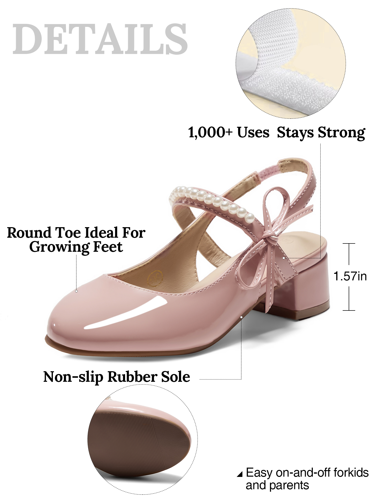 Girls Dress Shoes Low Heel Slingback Mary Jane Bow Pumps Adjustable Hook and Loop Back Strap Low Heel Shoes with Bow, for Wedding, Party, School, Toddler, Little & Big Kid Dress-up