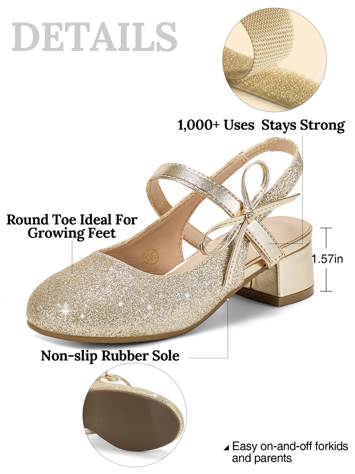 Girls Dress Shoes Low Heel Slingback Mary Jane Bow Pumps Adjustable Hook and Loop Back Strap Low Heel Shoes with Bow, for Wedding, Party, School, Toddler, Little & Big Kid Dress-up
