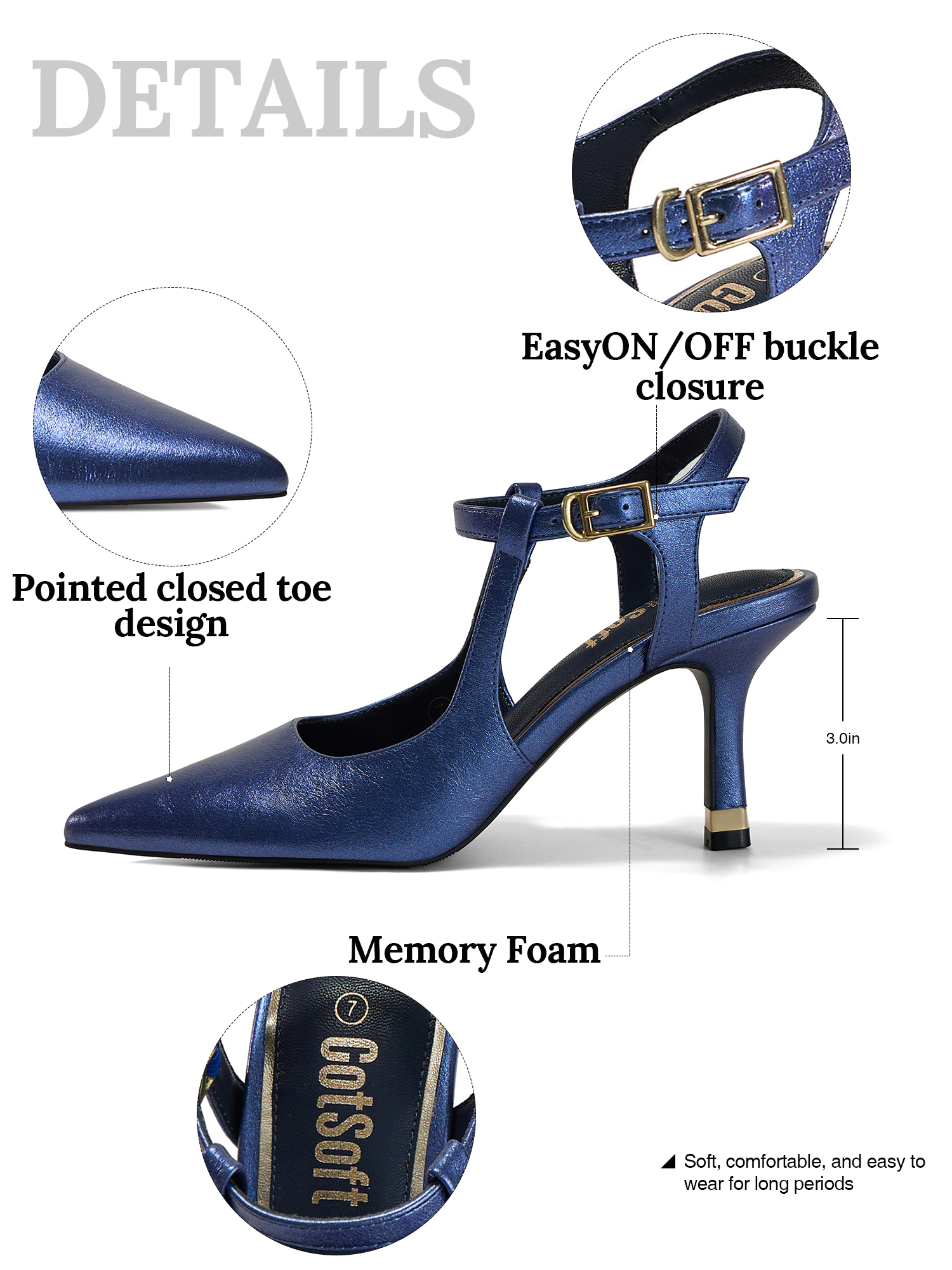 Womens Slingback Pointed Toe Pumps Ankle Buckle Strap Stiletto Dress Heels Gold heel trim, adjustable buckle ankle strap, ideal for office, weddings, dates and formal evening wear
