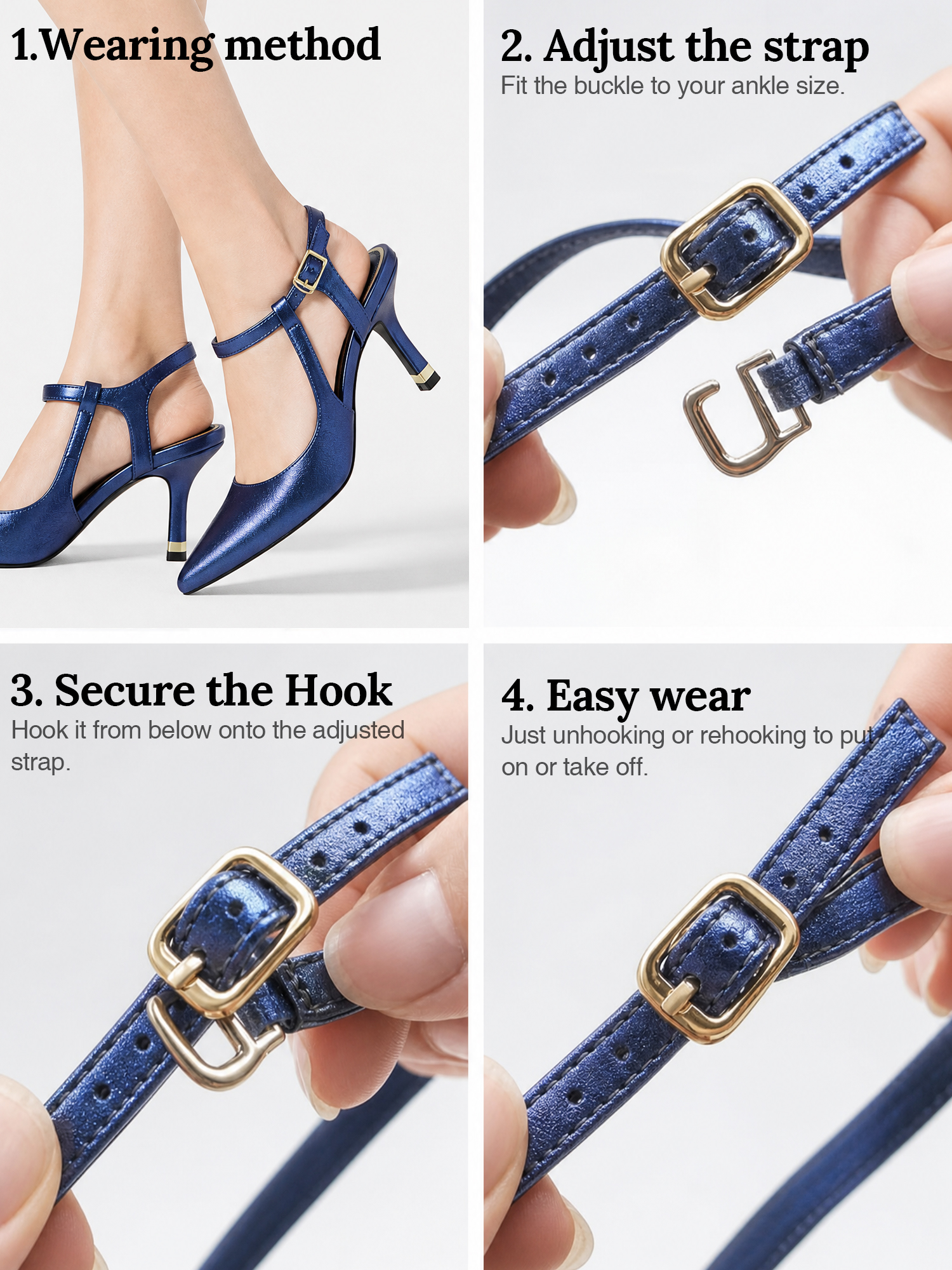 Womens Slingback Pointed Toe Pumps Ankle Buckle Strap Stiletto Dress Heels Gold heel trim, adjustable buckle ankle strap, ideal for office, weddings, dates and formal evening wear