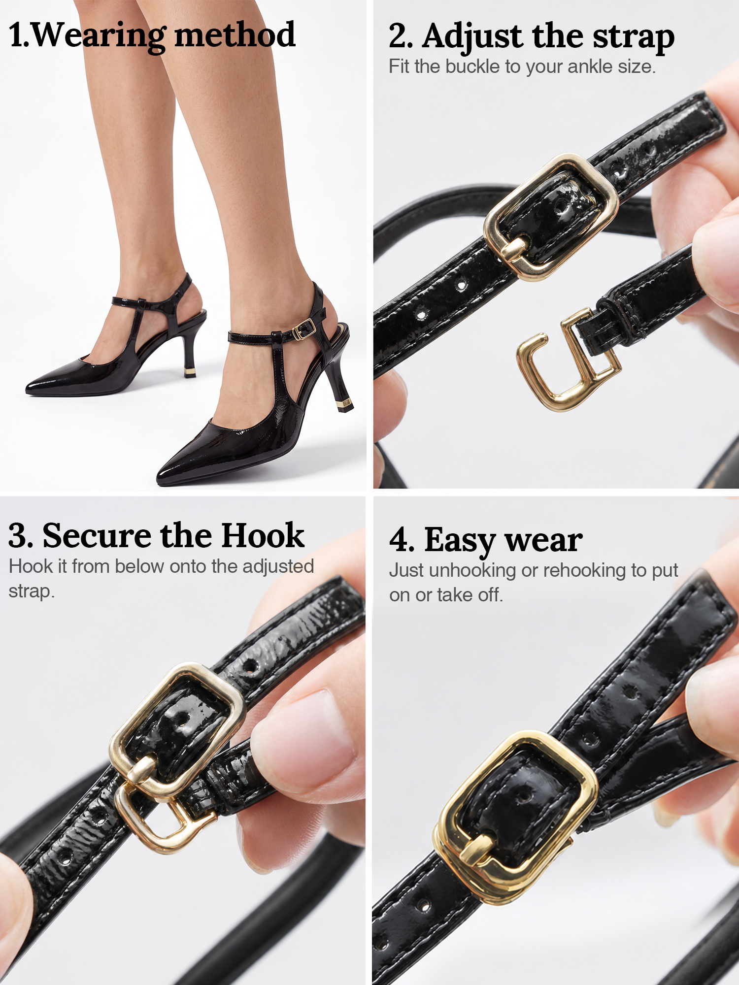 Womens Slingback Pointed Toe Pumps Ankle Buckle Strap Stiletto Dress Heels Gold heel trim, adjustable buckle ankle strap, ideal for office, weddings, dates and formal evening wear