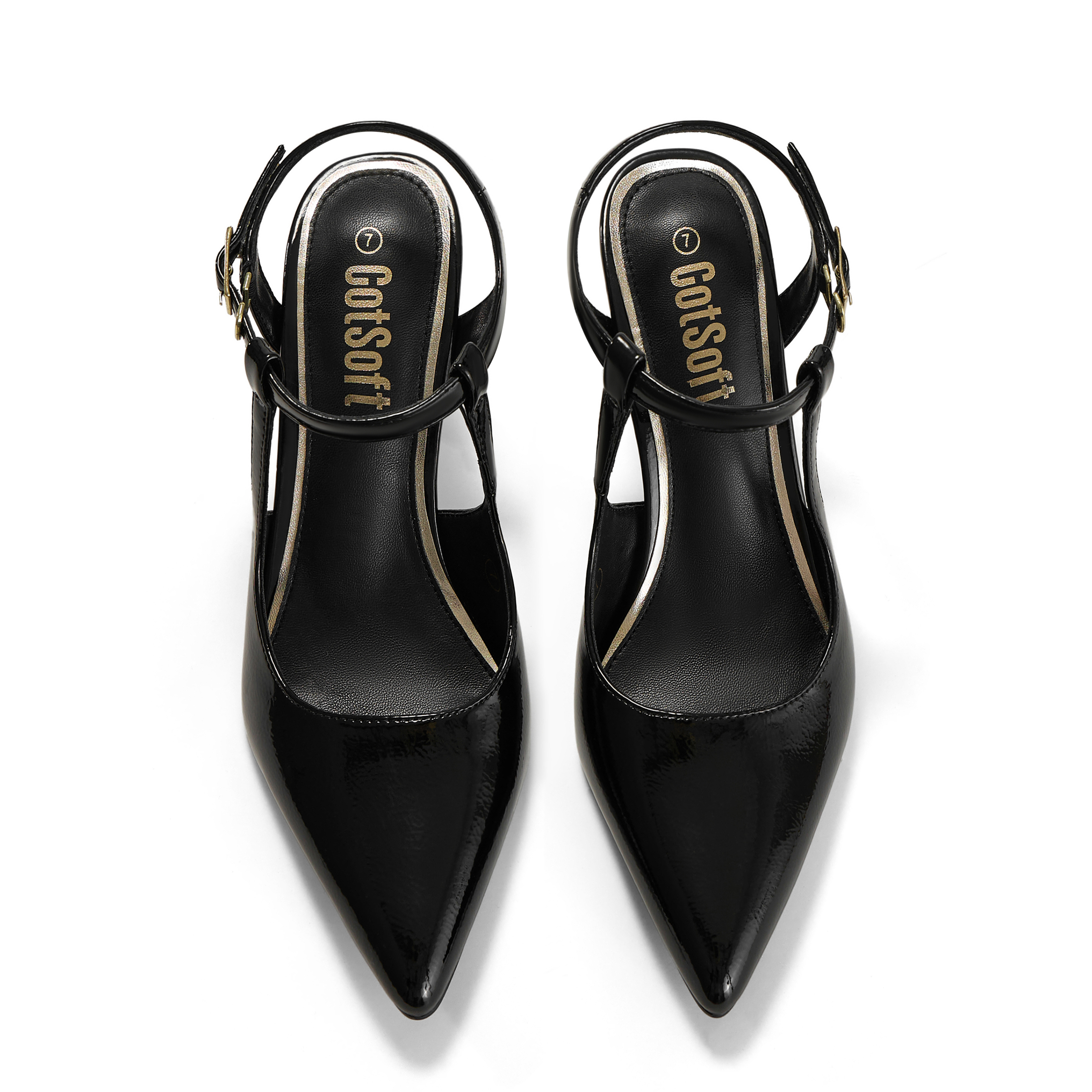 Womens Slingback Pointed Toe Pumps Ankle Buckle Strap Stiletto Dress Heels Gold heel trim, adjustable buckle ankle strap, ideal for office, weddings, dates and formal evening wear