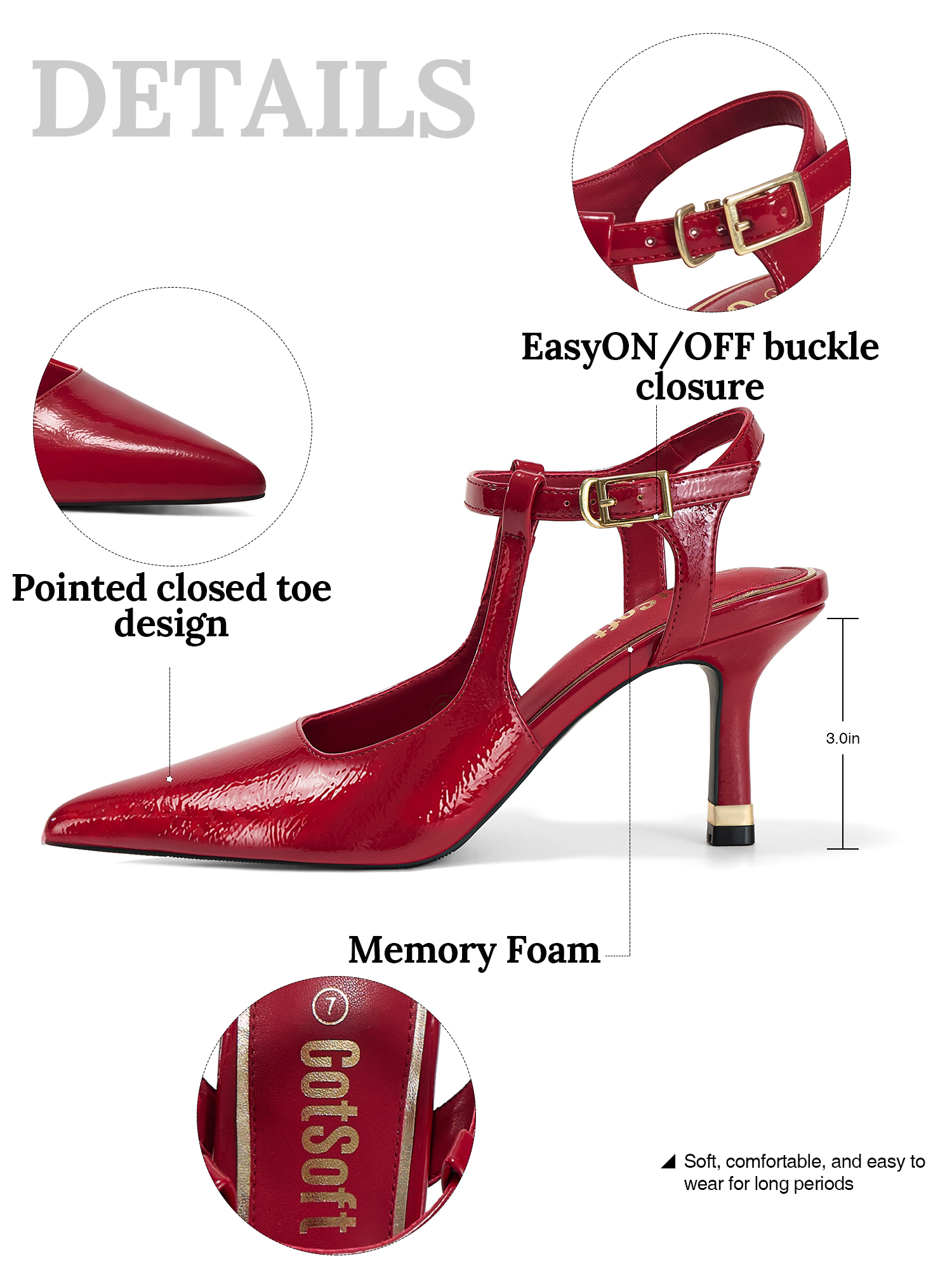 Womens Slingback Pointed Toe Pumps Ankle Buckle Strap Stiletto Dress Heels Gold heel trim, adjustable buckle ankle strap, ideal for office, weddings, dates and formal evening wear