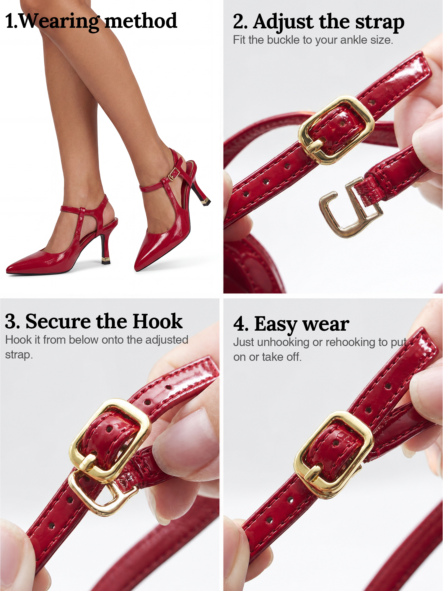Womens Slingback Pointed Toe Pumps Ankle Buckle Strap Stiletto Dress Heels Gold heel trim, adjustable buckle ankle strap, ideal for office, weddings, dates and formal evening wear