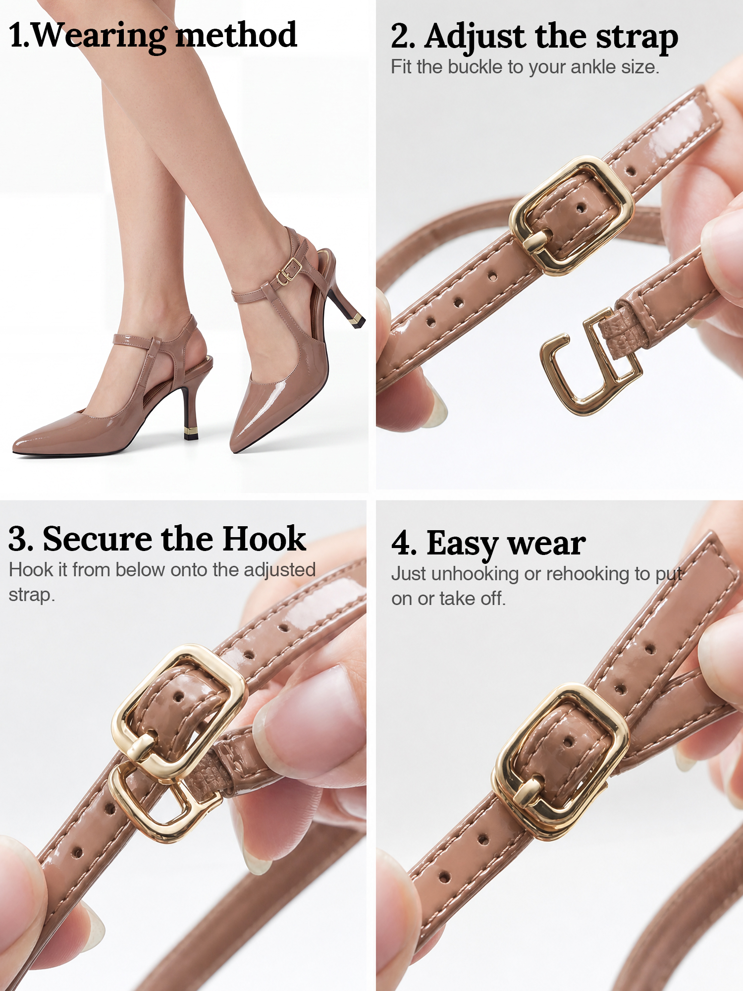 Womens Slingback Pointed Toe Pumps Ankle Buckle Strap Stiletto Dress Heels Gold heel trim, adjustable buckle ankle strap, ideal for office, weddings, dates and formal evening wear