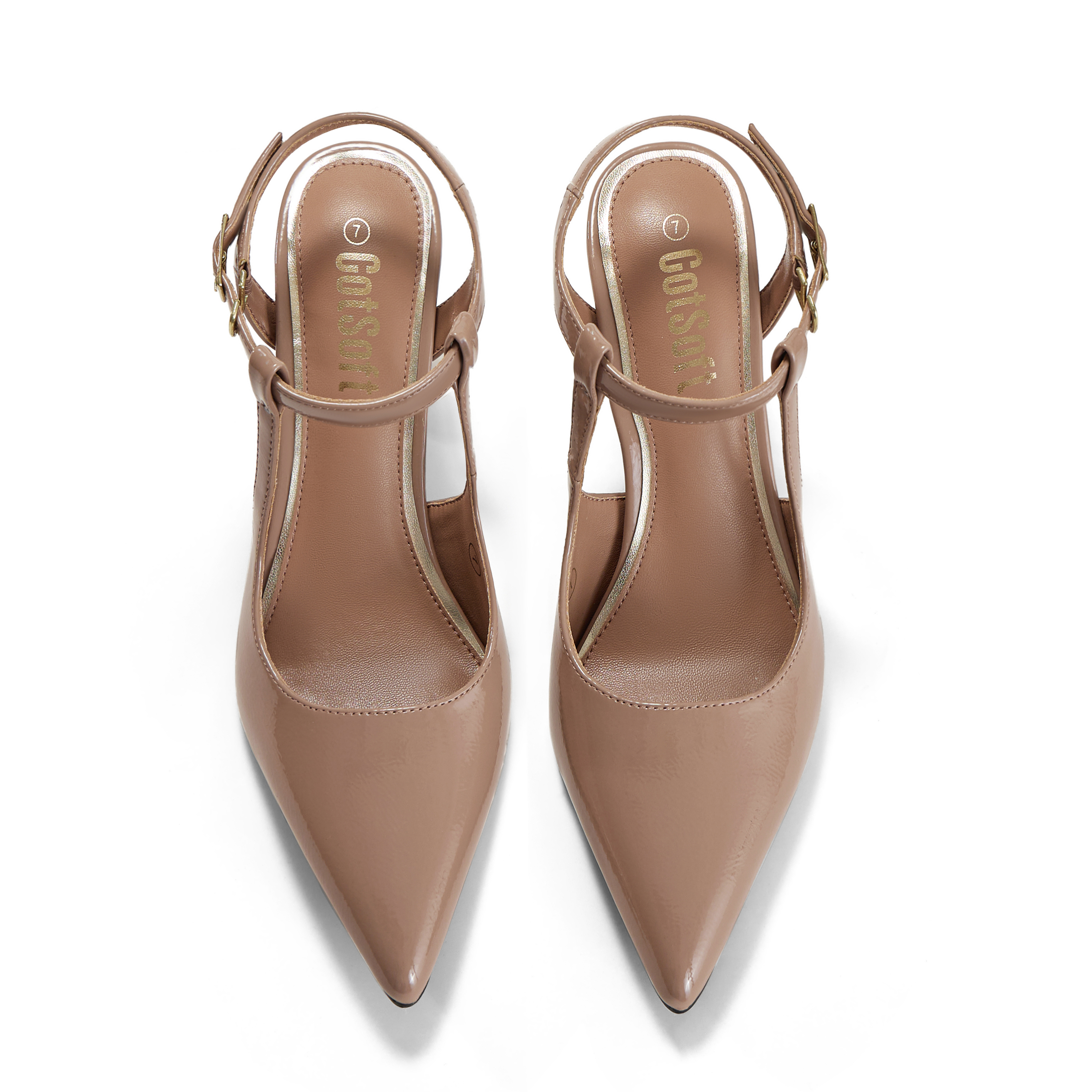 Womens Slingback Pointed Toe Pumps Ankle Buckle Strap Stiletto Dress Heels Gold heel trim, adjustable buckle ankle strap, ideal for office, weddings, dates and formal evening wear