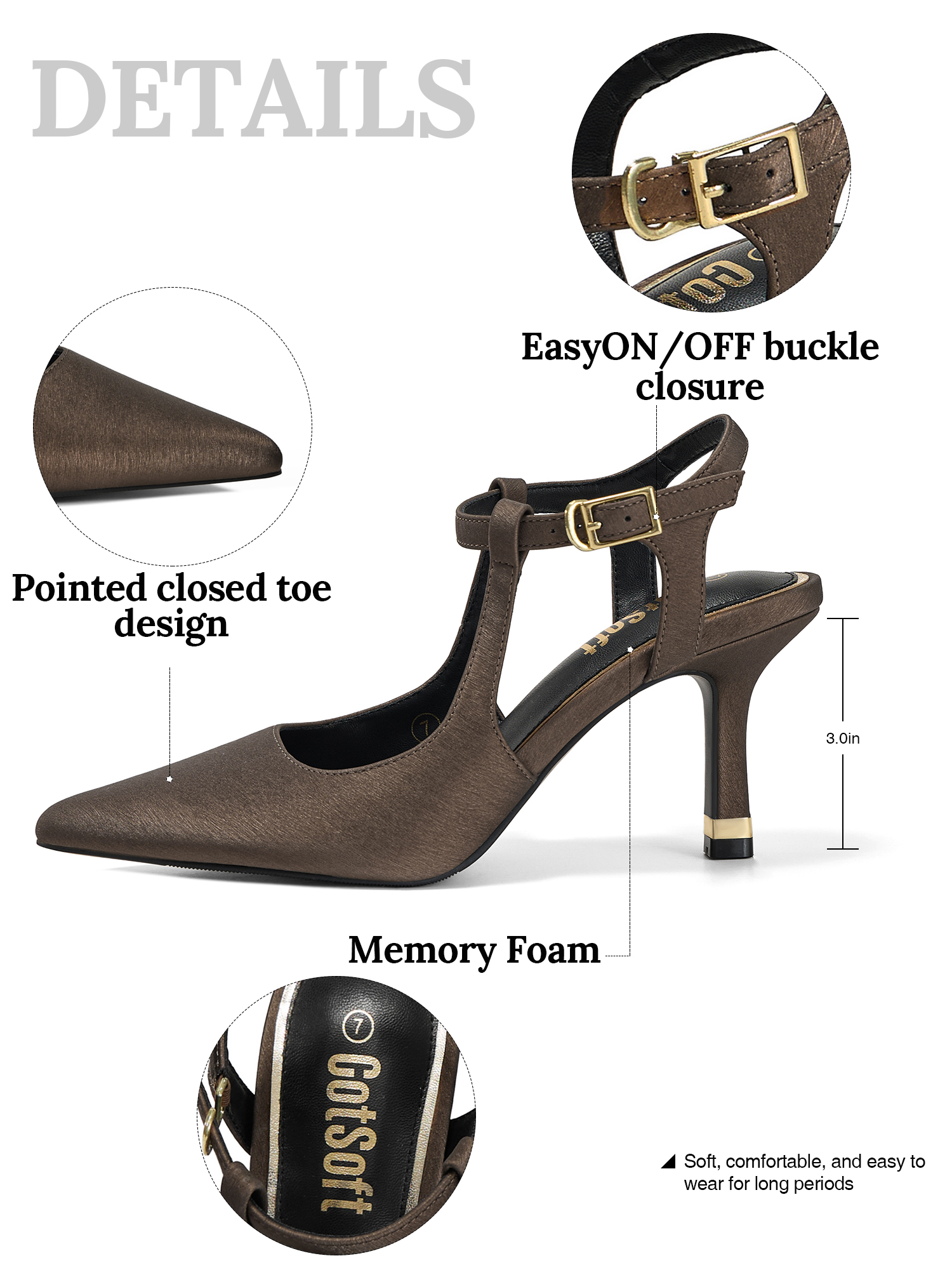 Womens Slingback Pointed Toe Pumps Ankle Buckle Strap Stiletto Dress Heels Gold heel trim, adjustable buckle ankle strap, ideal for office, weddings, dates and formal evening wear