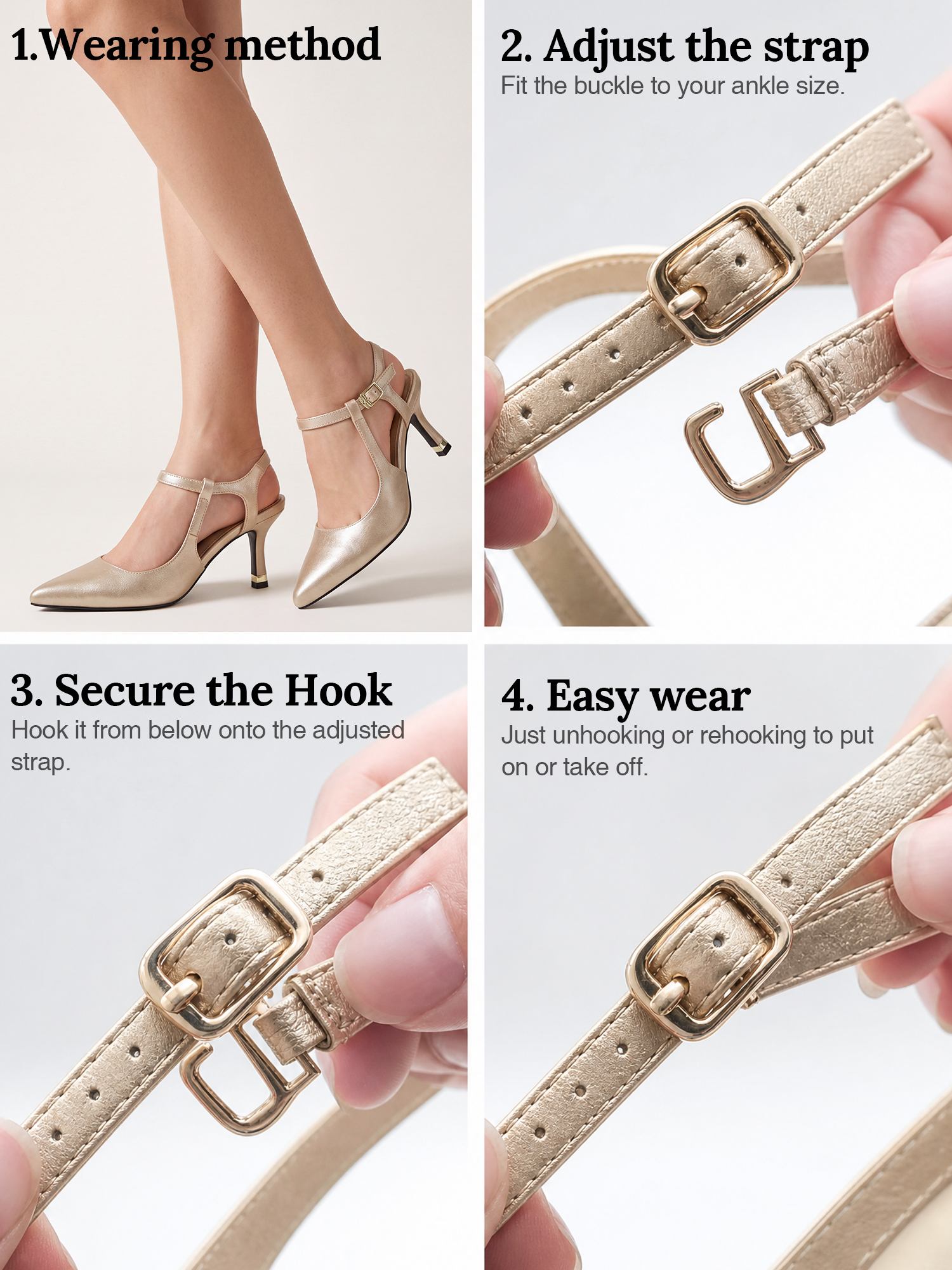 Womens Slingback Pointed Toe Pumps Ankle Buckle Strap Stiletto Dress Heels Gold heel trim, adjustable buckle ankle strap, ideal for office, weddings, dates and formal evening wear