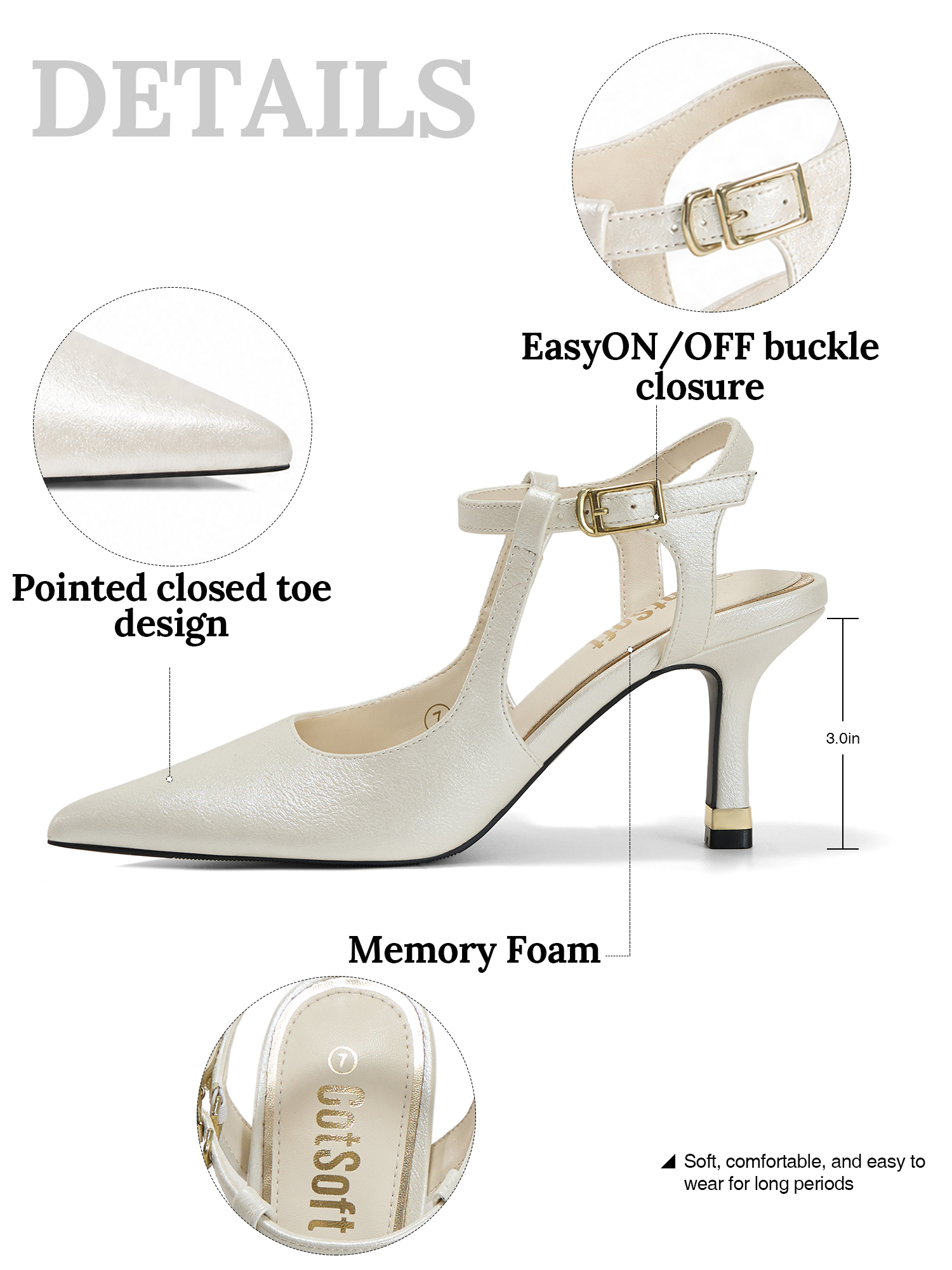 Womens Slingback Pointed Toe Pumps Ankle Buckle Strap Stiletto Dress Heels Gold heel trim, adjustable buckle ankle strap, ideal for office, weddings, dates and formal evening wear