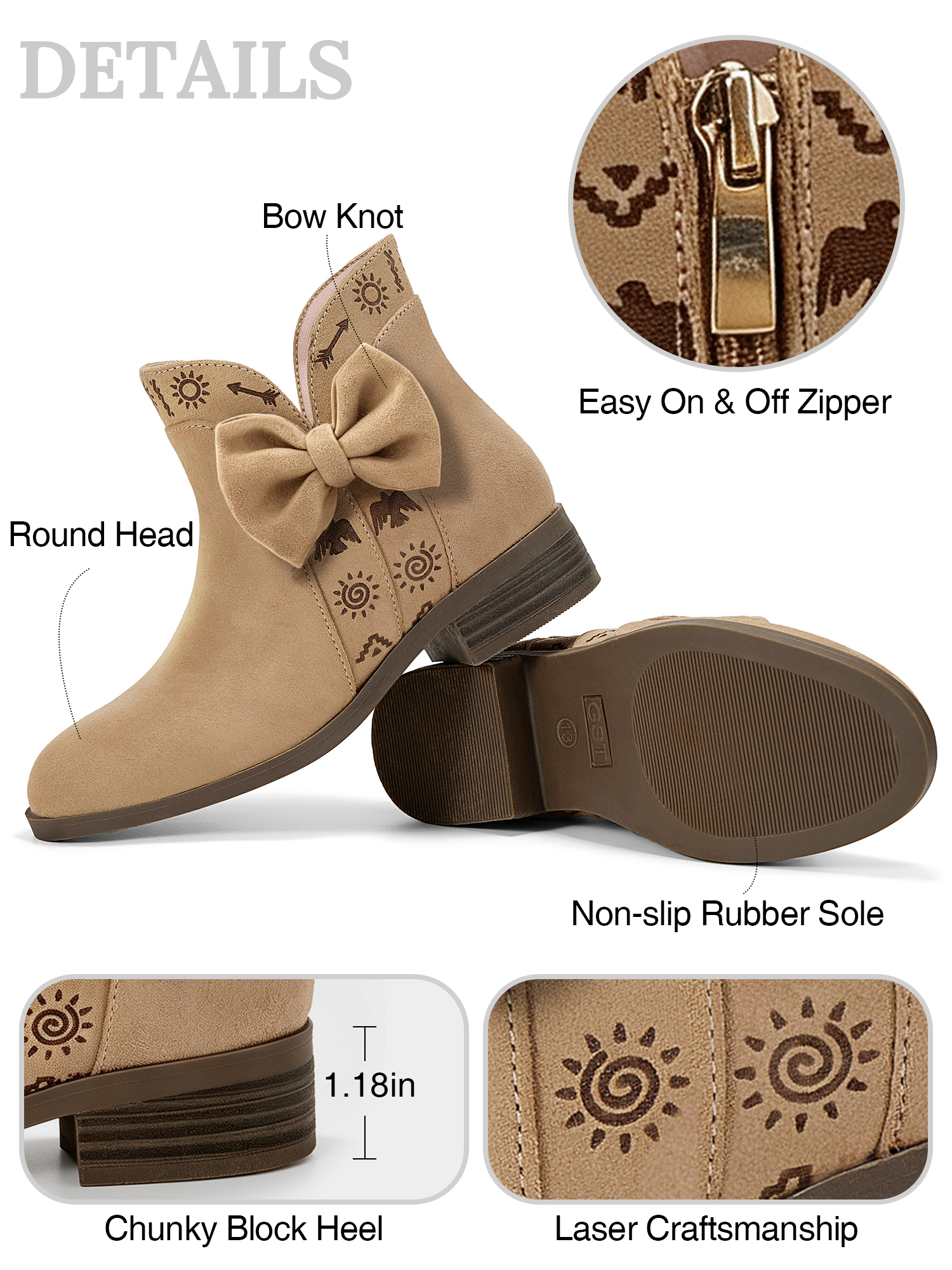 Girls Lambskin Insole Ankle Boots Side Bow Low Heel Booties Shoes Cute Bow Knot Lambskin Booties Low Chunky Heel Comfortable Party School Daily Shoes for Little Big Kid