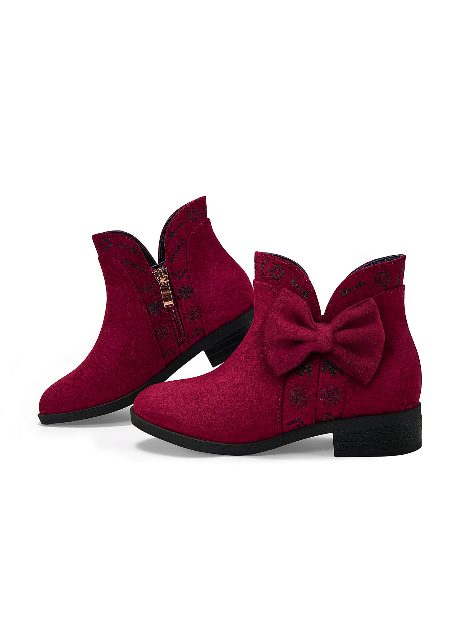 Girls Lambskin Insole Ankle Boots Side Bow Low Heel Booties Shoes Cute Bow Knot Lambskin Booties Low Chunky Heel Comfortable Party School Daily Shoes for Little Big Kid