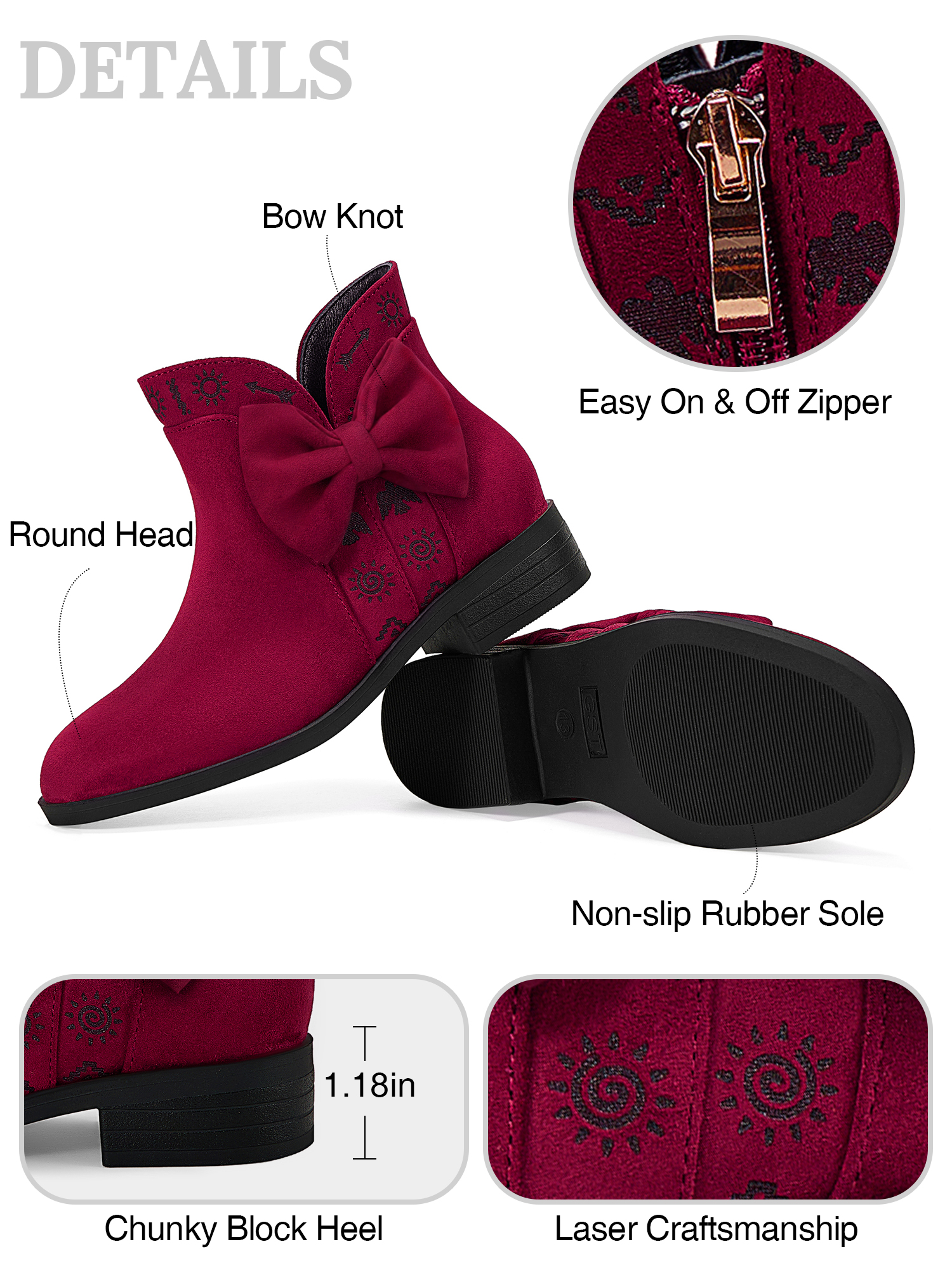 Girls Lambskin Insole Ankle Boots Side Bow Low Heel Booties Shoes Cute Bow Knot Lambskin Booties Low Chunky Heel Comfortable Party School Daily Shoes for Little Big Kid