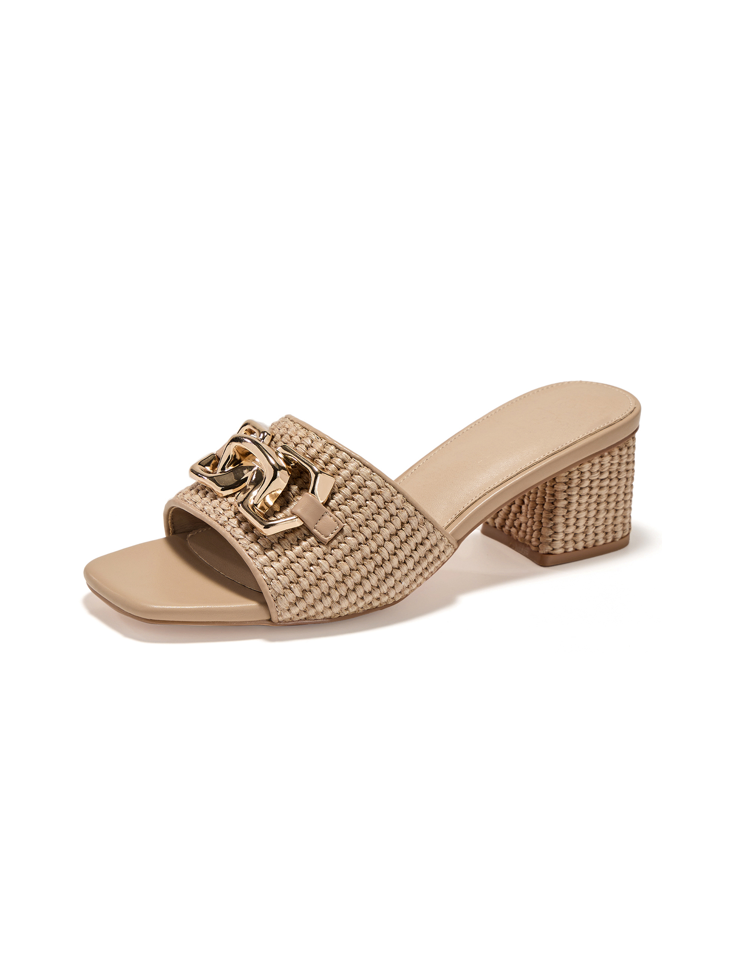 Women's Raffia Slide Sandals Square Open Toe Sandal Chunky Heeled Metal Chain Dressy Shoes