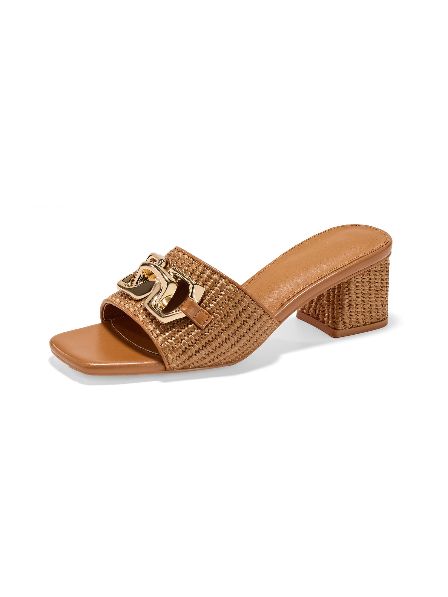 Women's Raffia Slide Sandals Square Open Toe Sandal Chunky Heeled Metal Chain Dressy Shoes