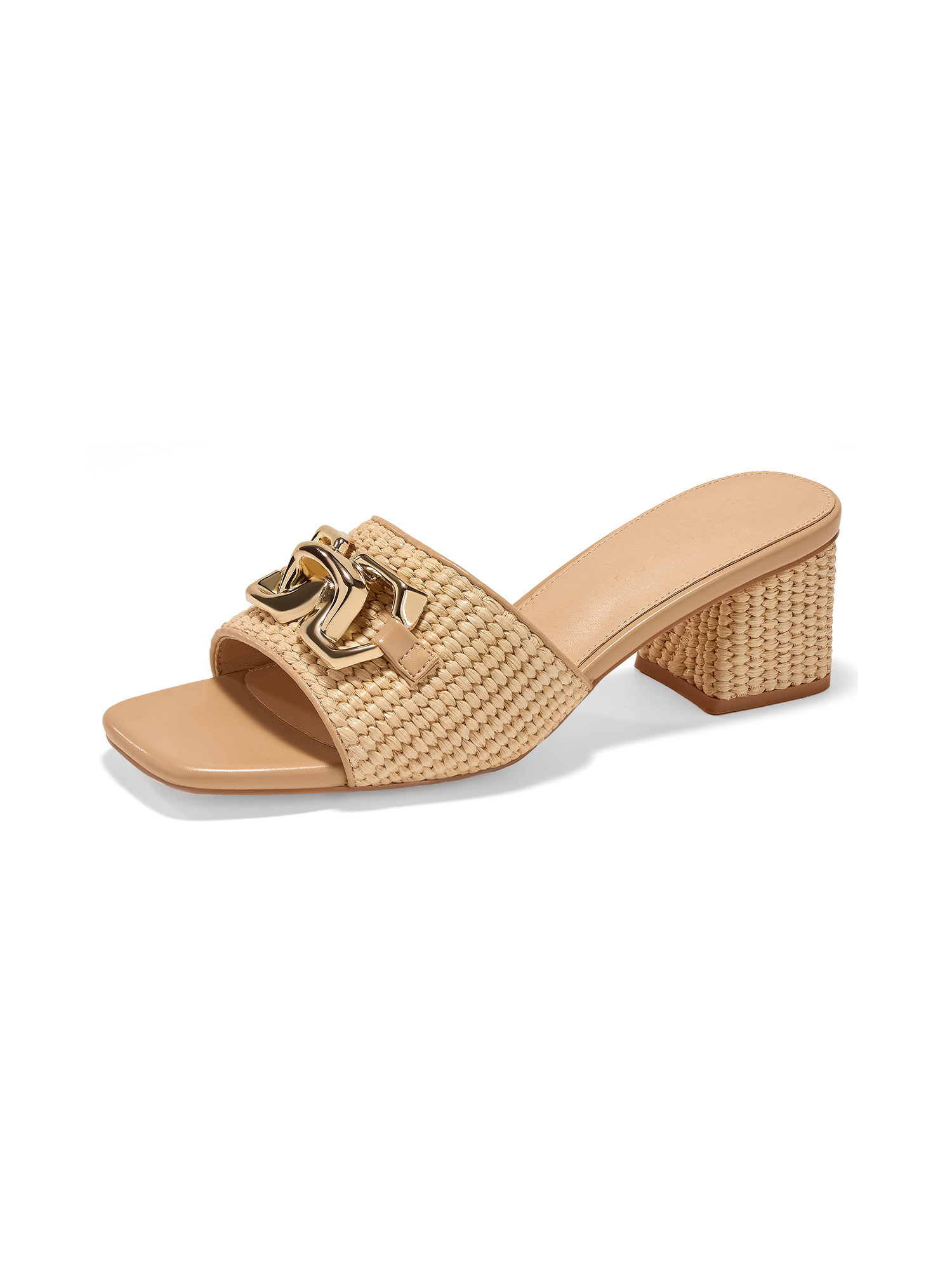 Women's Raffia Slide Sandals Square Open Toe Sandal Chunky Heeled Metal Chain Dressy Shoes