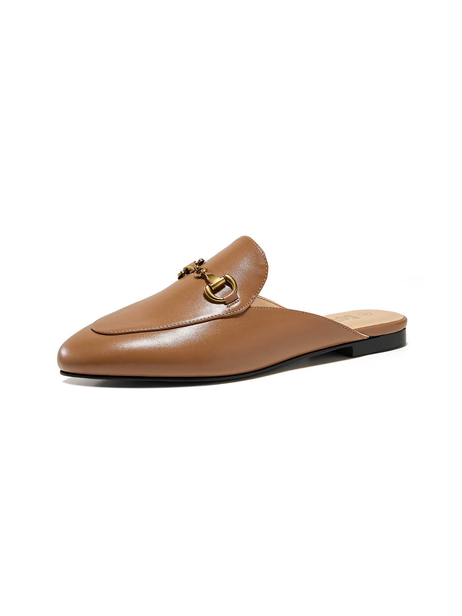 Lambskin Insole Womens Metal Buckle Mules Slip on Flats Closed Round Toe Dress Shoes