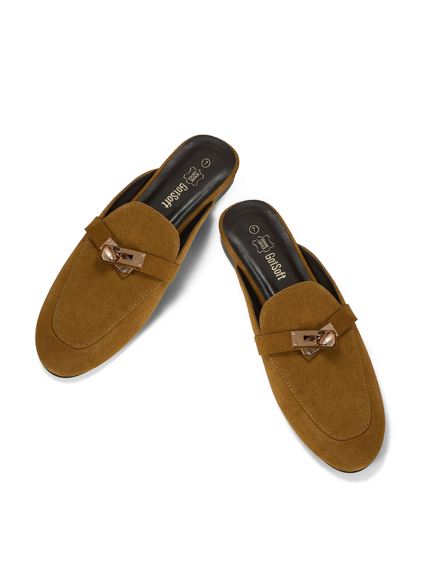 Womens Genuine Leather Mules Metal Buckle Backless Slip On Flats Chic Backless Mule Loafers with Stylish Metal Buckle, Soft Lambskin Insole, Ideal for Office, Casual Trips & Daily Wear