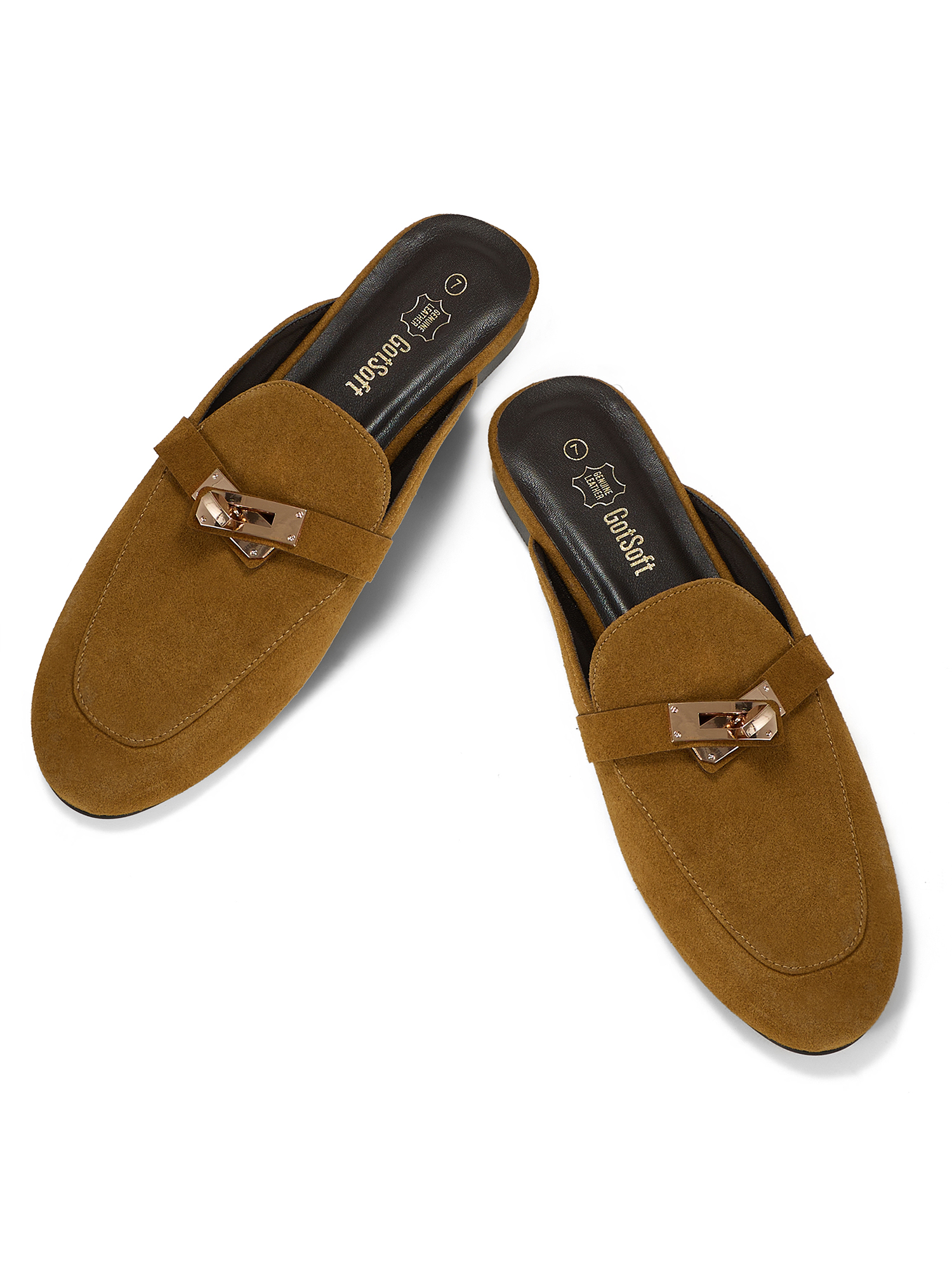 Womens Genuine Leather Mules Metal Buckle Backless Slip On Flats Chic Backless Mule Loafers with Stylish Metal Buckle, Soft Lambskin Insole, Ideal for Office, Casual Trips & Daily Wear