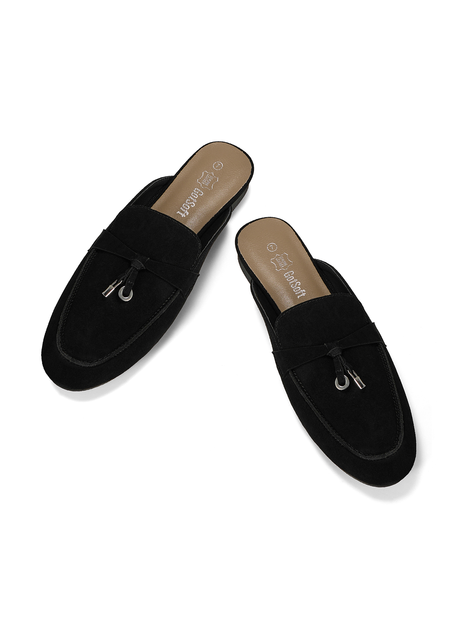 Womens Genuine Leather Flats Mules Metal Decoration Slip On Shoes Genuine Leather Flat Slides Closed Round Toe Fashion Dress Shoes for Home Office Work Go Out and Daily Wear
