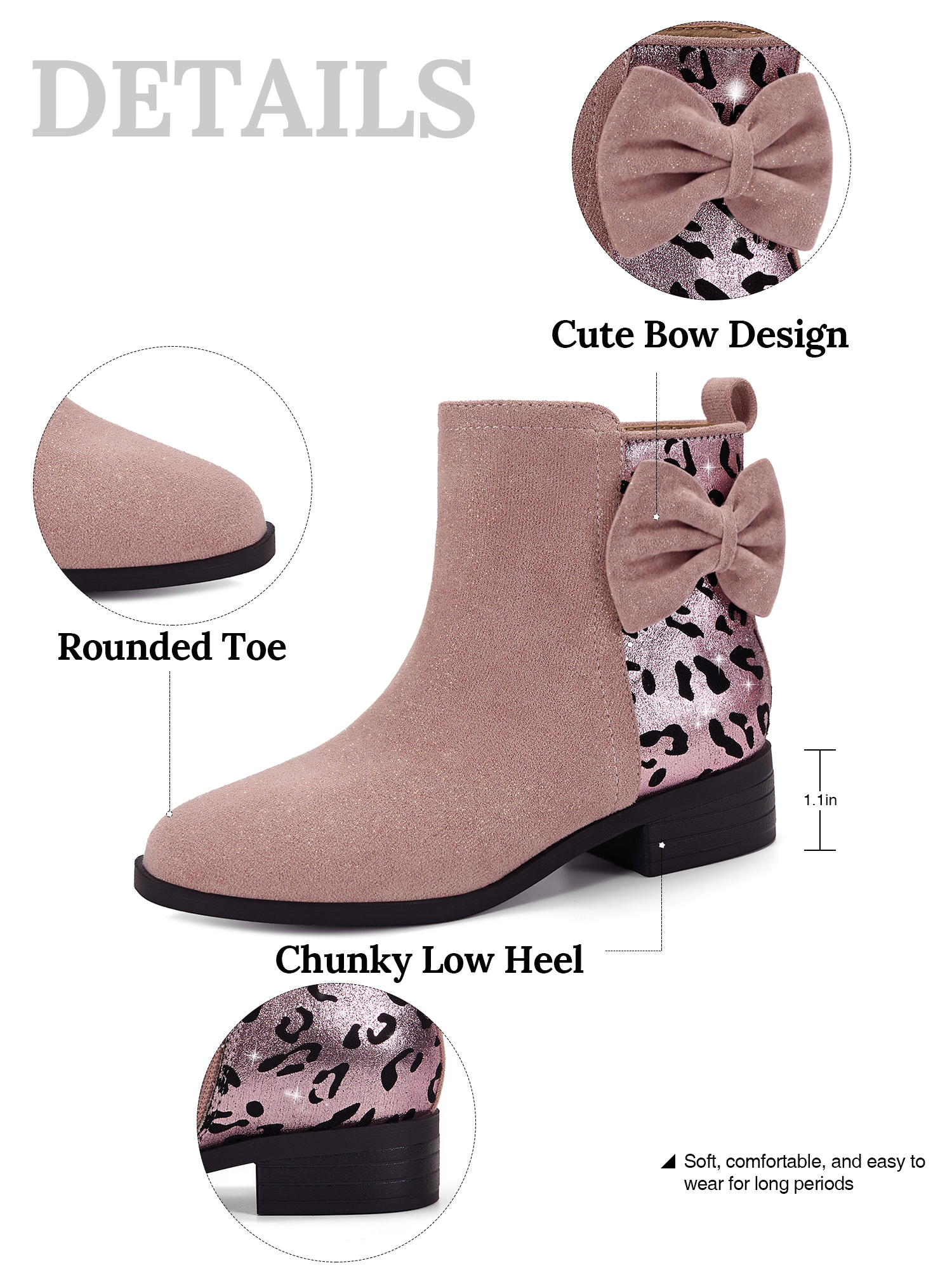 Girls Bow Glitter Ankle Boots Side Zipper Low Heel Dress Shoes | Cute Bow Knot Booties Low Chunky Heel Comfortable School Shoes for Little Big Kid