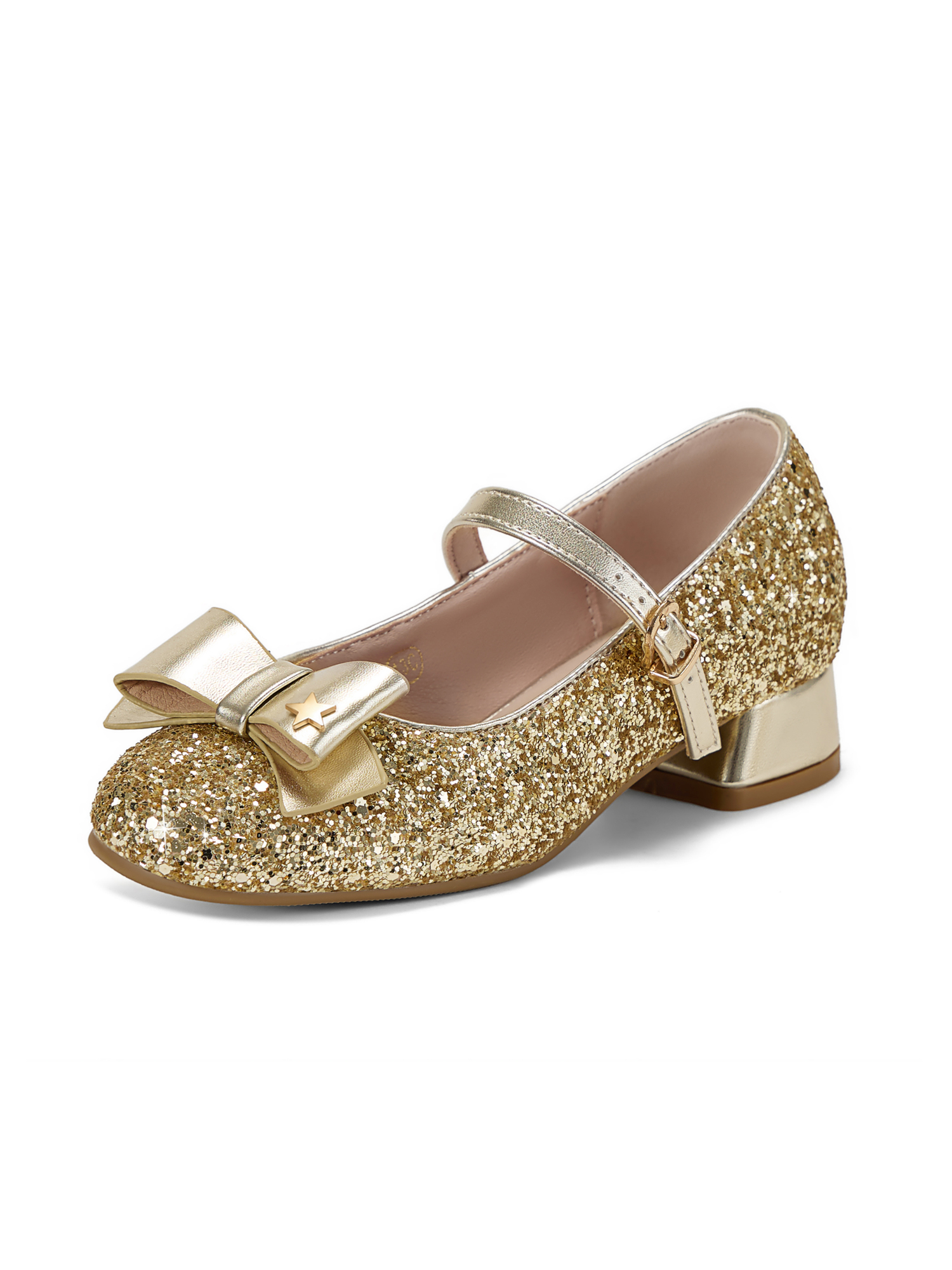 Girls Lambskin Insole Low Heels Mary Jane Ankle Strap Dress Shoes Dress Flats with Ankle Buckle, Bow with Star Detail, Fit Toddler, Little & Big Kid for Wedding, Party and School Daily Wear