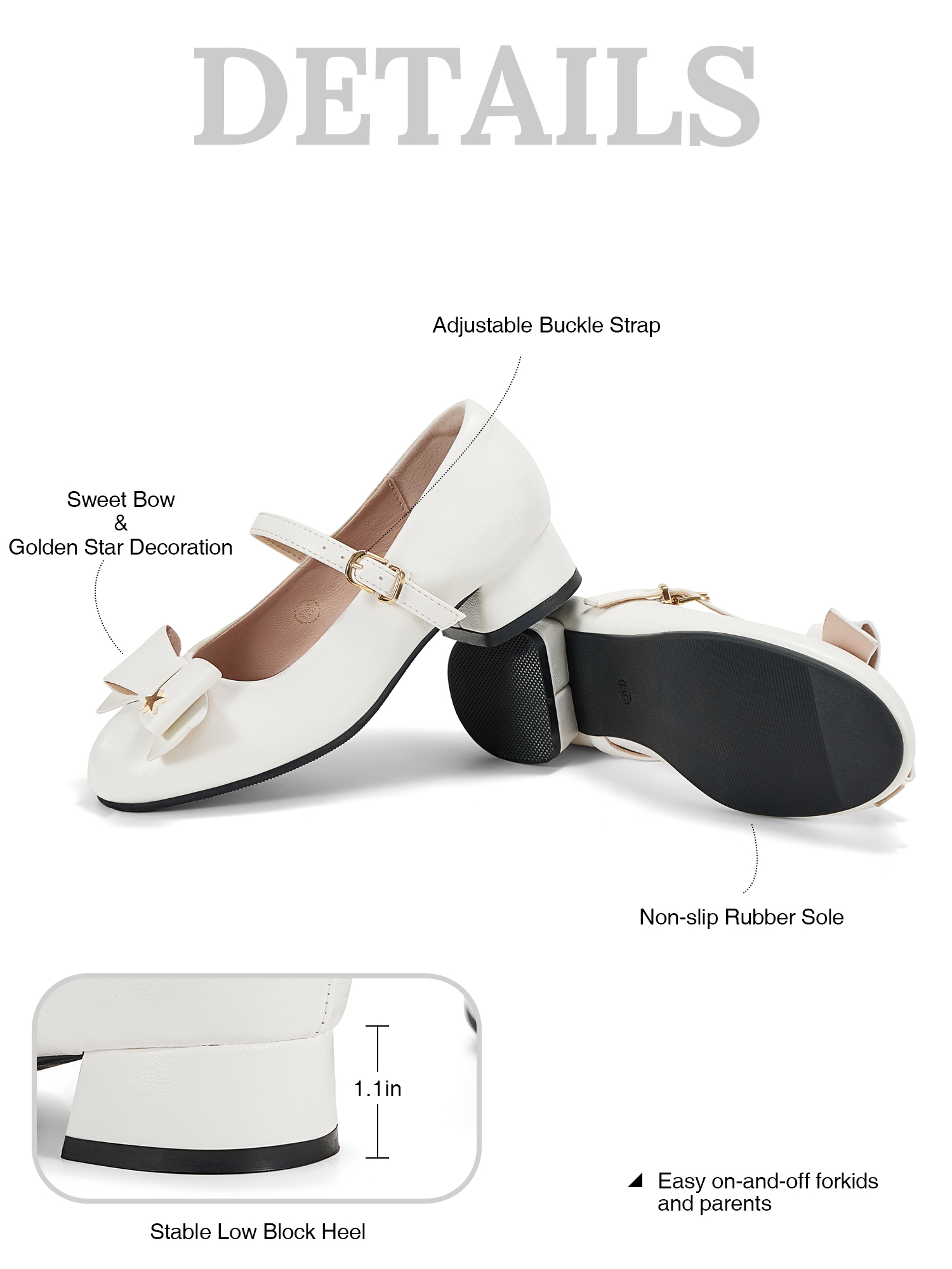 Girls Lambskin Insole Low Heels Mary Jane Ankle Strap Dress Shoes Dress Flats with Ankle Buckle, Bow with Star Detail, Fit Toddler, Little & Big Kid for Wedding, Party and School Daily Wear
