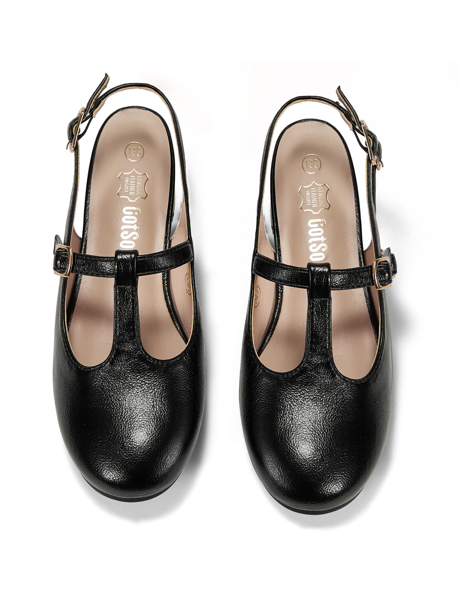 Girls Lambskin Insole Mary Jane Pumps T-Strap Slingback Shoes Cute Closed Toe Dress Shoes Low Block Heel Comfortable for Vacation Festival Party School and Daily Wear