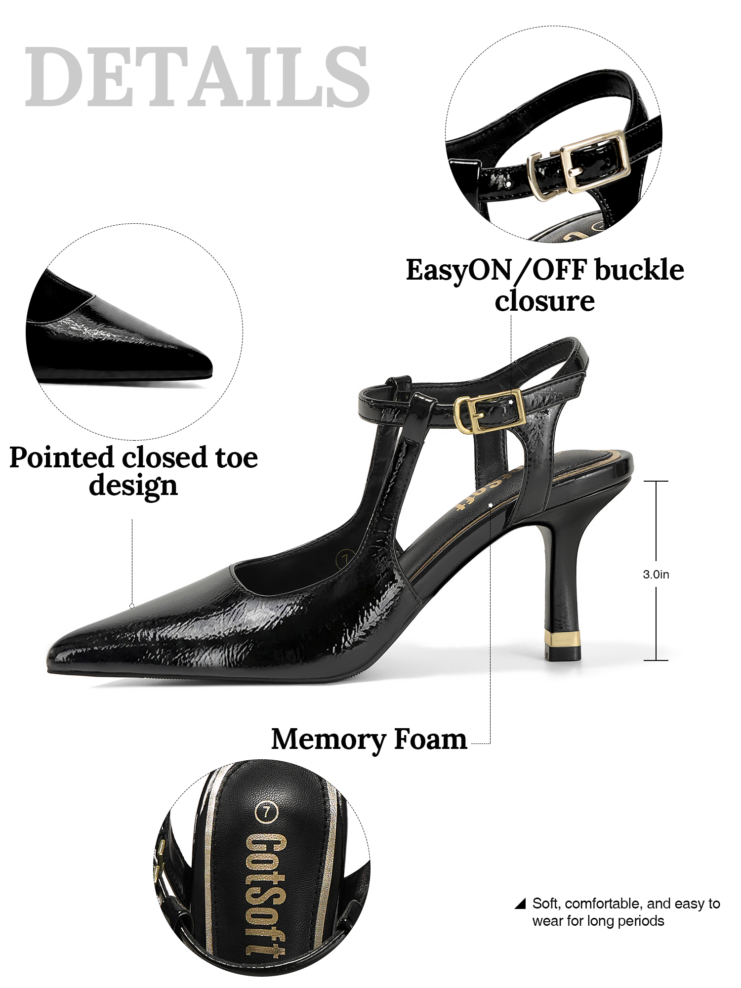 Womens Slingback Pointed Toe Pumps Ankle Buckle Strap Stiletto Dress Heels Gold heel trim, adjustable buckle ankle strap, ideal for office, weddings, dates and formal evening wear