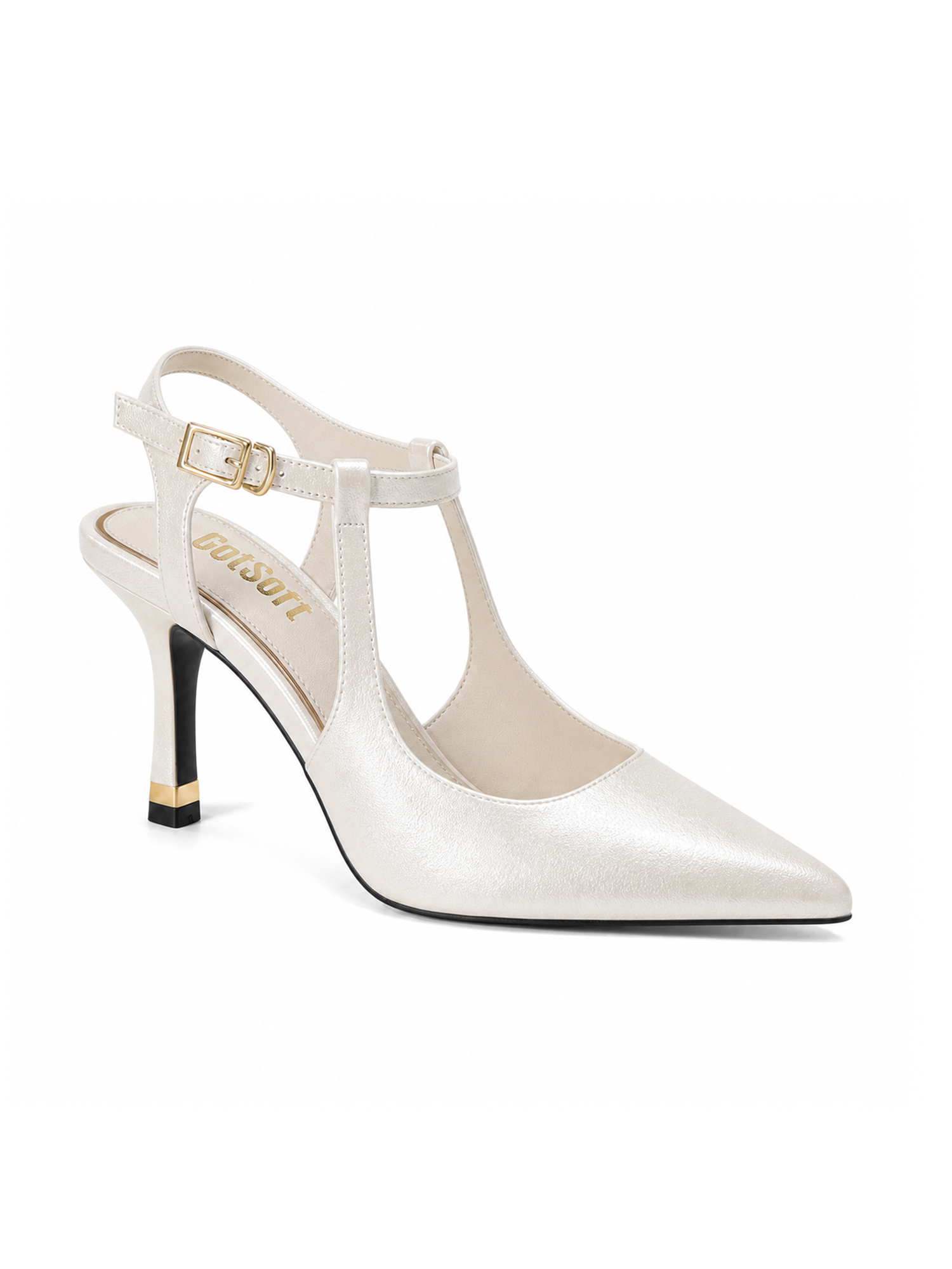 Womens Slingback Pointed Toe Pumps Ankle Buckle Strap Stiletto Dress Heels Gold heel trim, adjustable buckle ankle strap, ideal for office, weddings, dates and formal evening wear