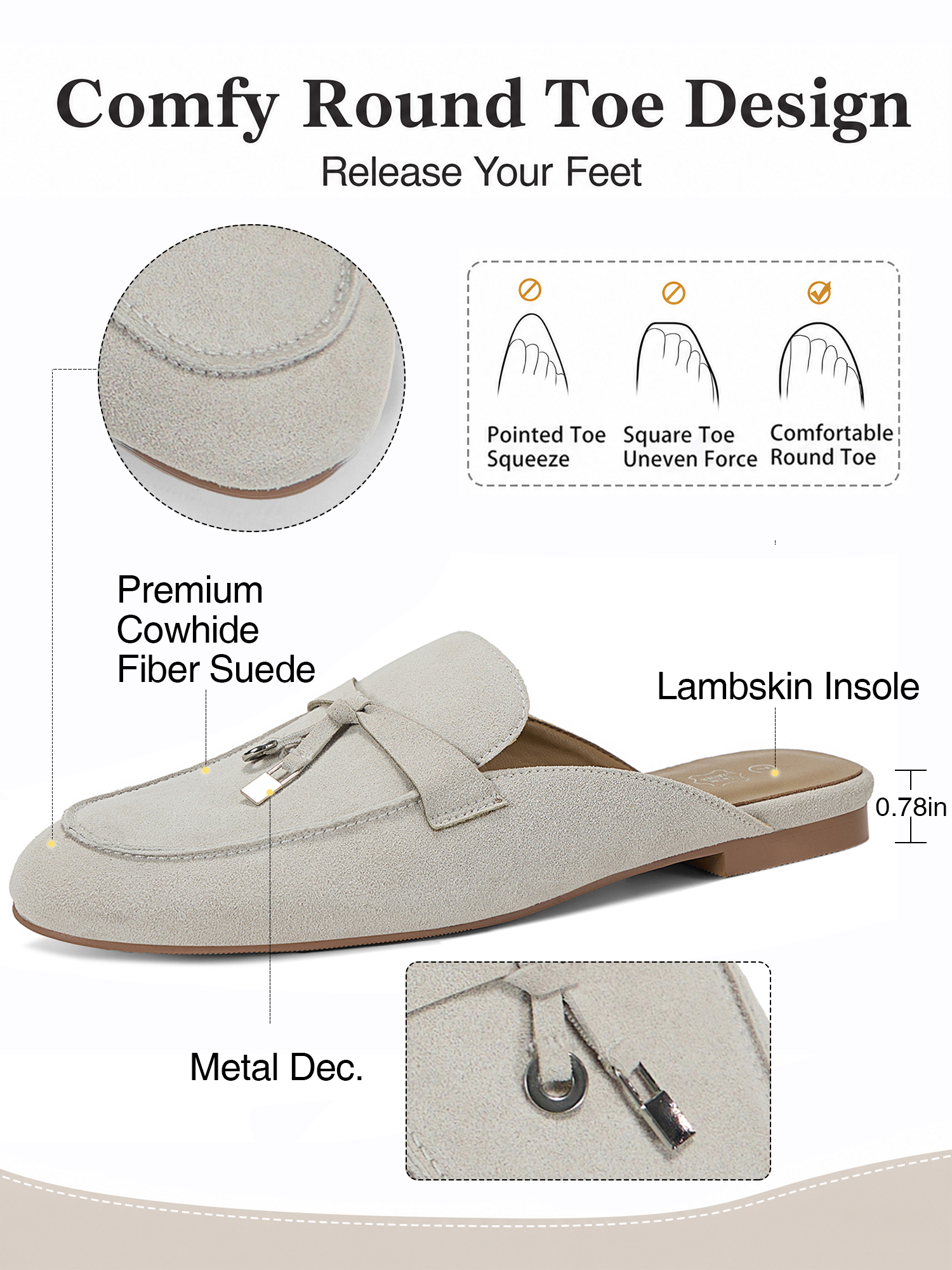 Womens Genuine Leather Flats Mules Metal Decoration Slip On Shoes Genuine Leather Flat Slides Closed Round Toe Fashion Dress Shoes for Home Office Work Go Out and Daily Wear